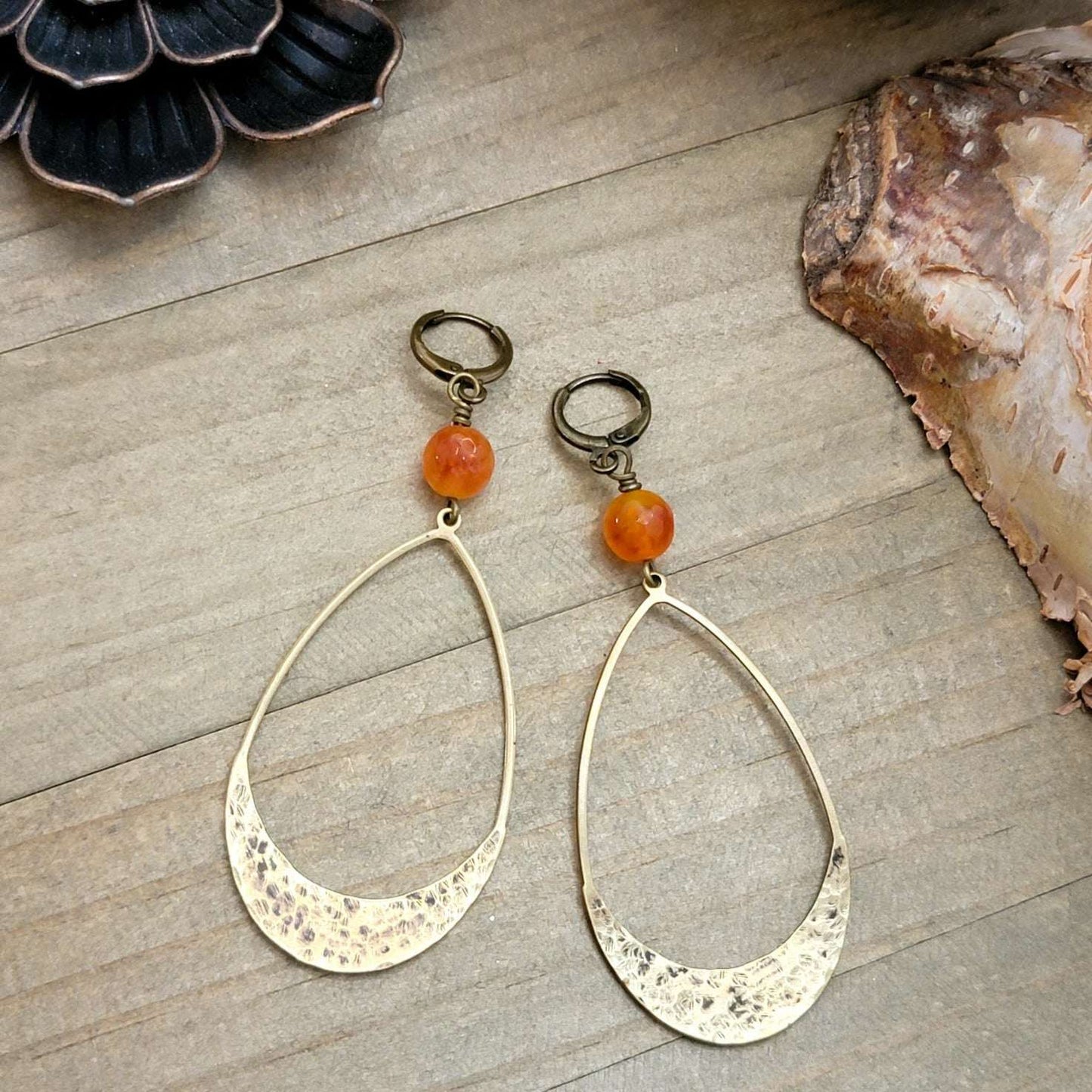 Textured Brass Oval Earrings with Earthy Agate - Nicki Lynn Jewelry