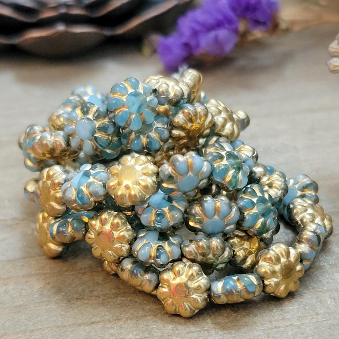 9mm Cactus Flower Sky Blue with a Gold Finish and Gold Wash-25 Beads - Nicki Lynn Jewelry