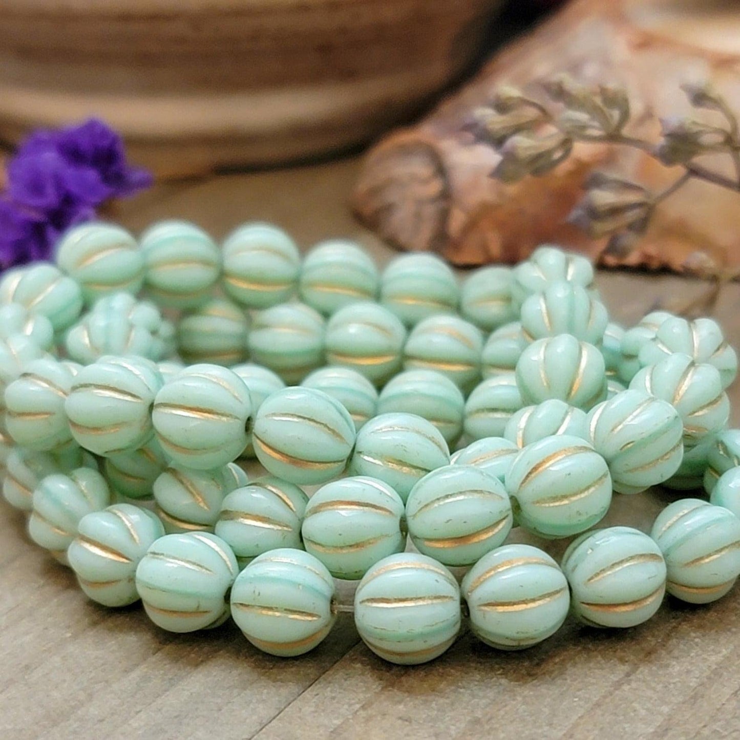 8mm Czech Glass Beads-Melon Mint with Gold Wash-20 Beads - Nicki Lynn Jewelry