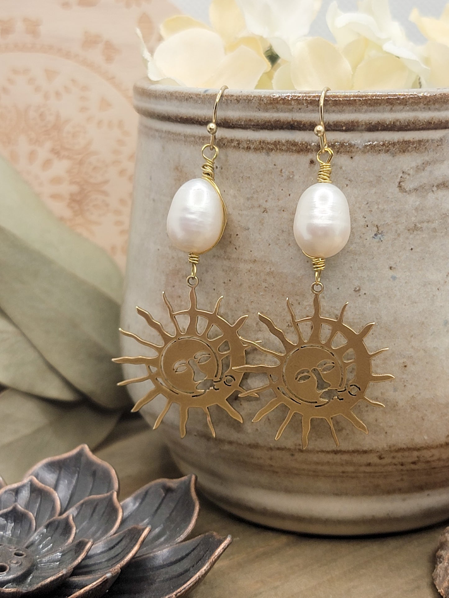 Sun And Pearl Drop Earrings, Nicki Lynn Jewelry