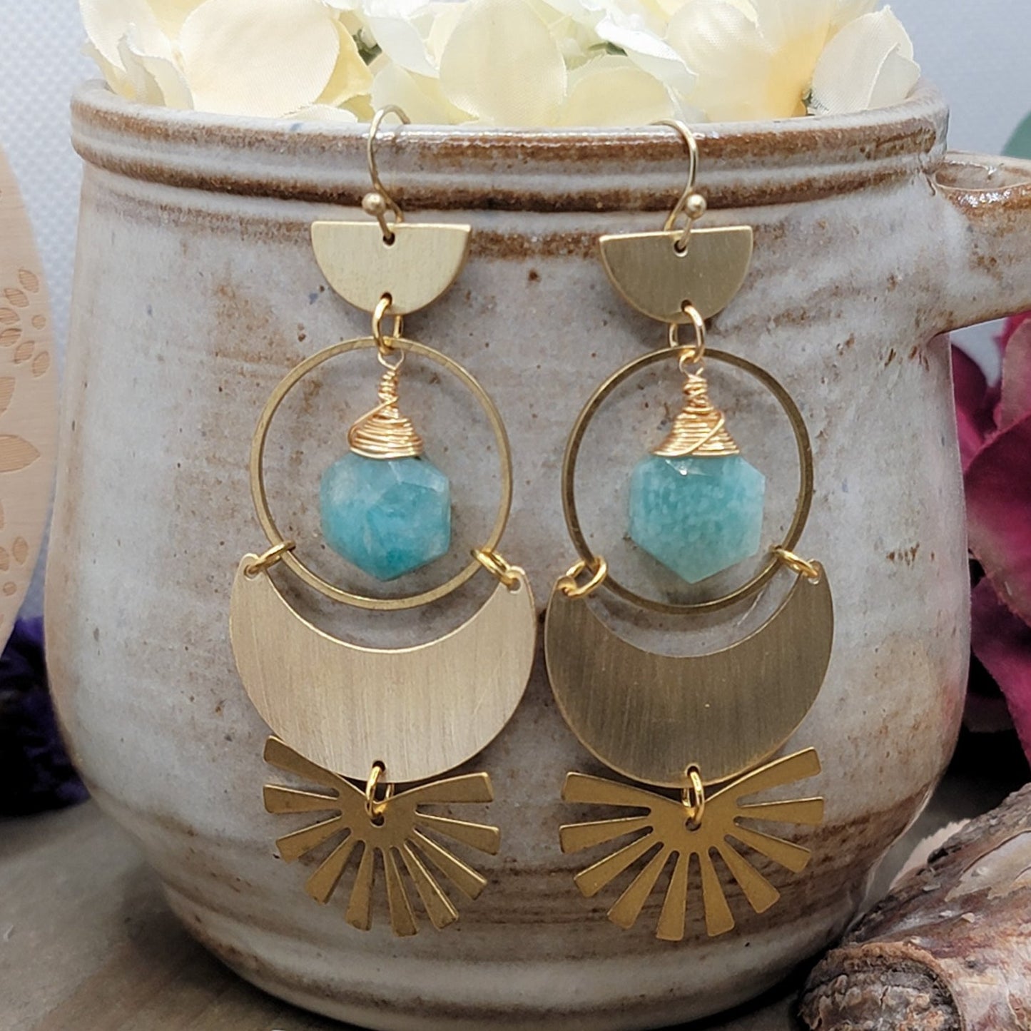 Amazonite and Brass Modern Statement Earrings, Nicki Lynn Jewelry