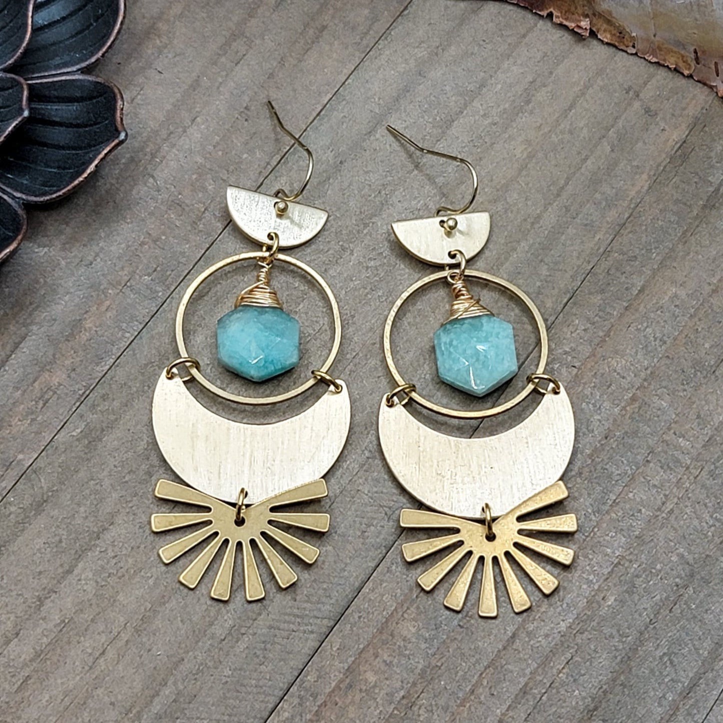 Amazonite and Brass Modern Statement Earrings, Nicki Lynn Jewelry