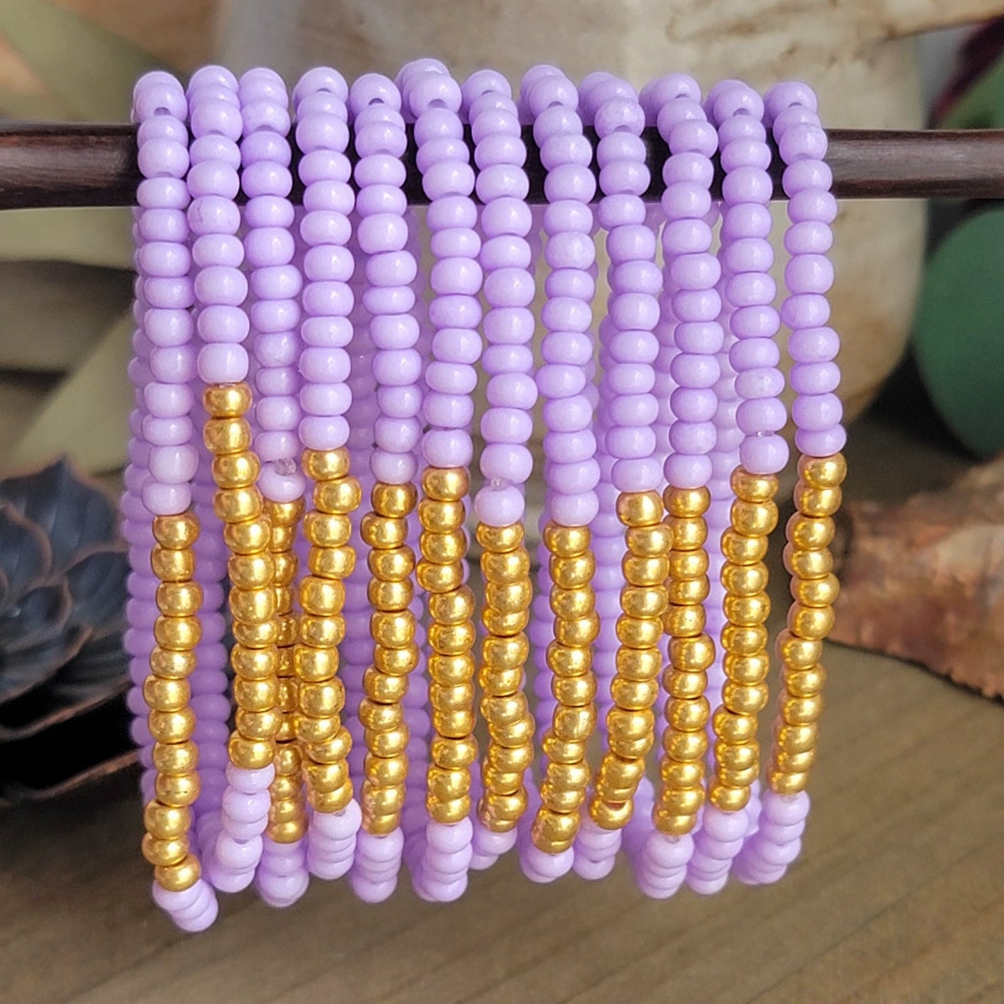 Bohemian Beaded Stretch Bracelet Stack-Set of 12-Lavender and Gold, Nicki Lynn Jewelry