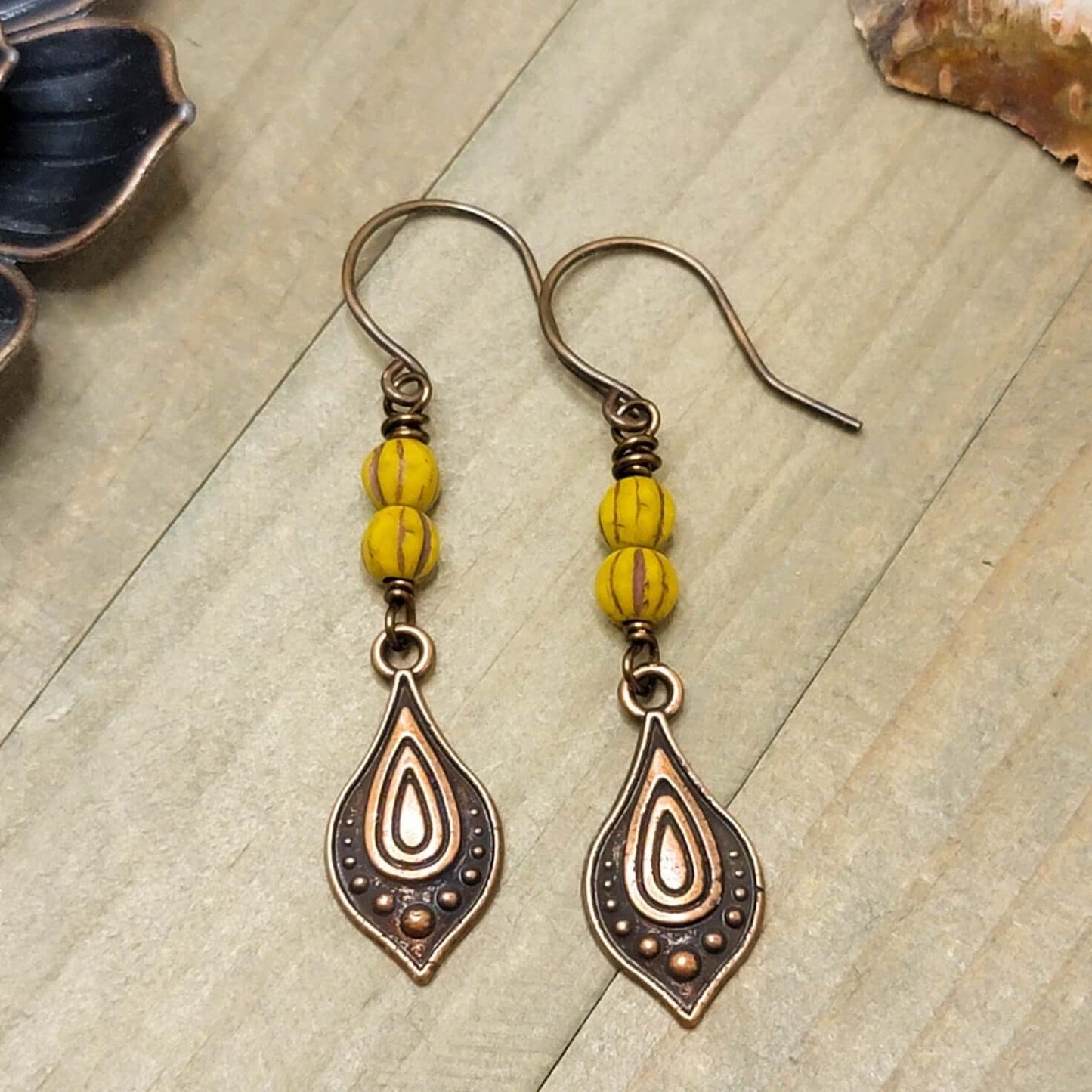 Mustard Yellow Boho Dangle Copper Earrings, Nicki Lynn Jewelry
