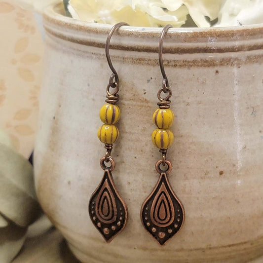 Mustard Yellow Boho Dangle Copper Earrings, Nicki Lynn Jewelry