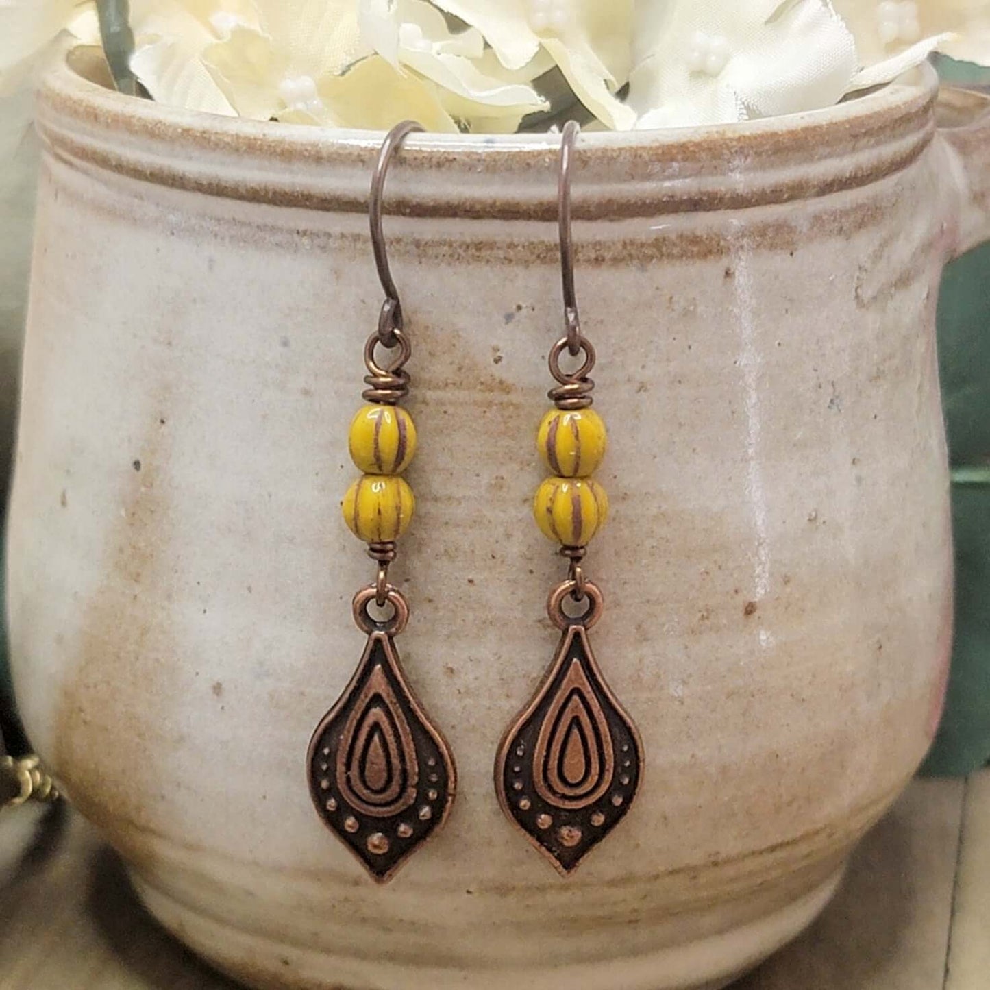 Mustard Yellow Boho Dangle Copper Earrings, Nicki Lynn Jewelry