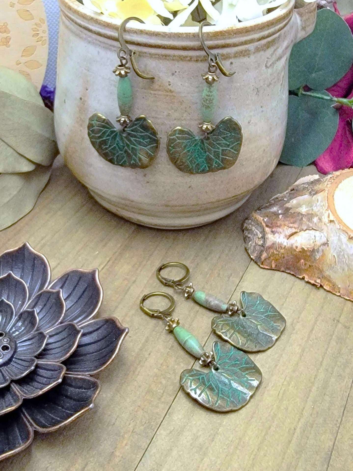 Green Verdigris Leaf Earrings- Antiqued Brass Dangles