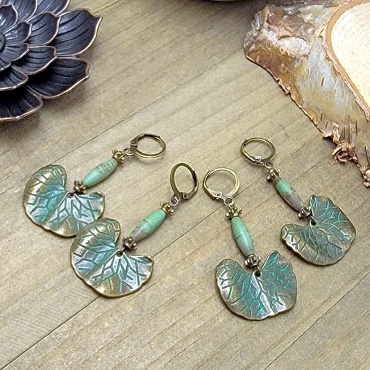 Green Verdigris Leaf Earrings- Antiqued Brass Dangles