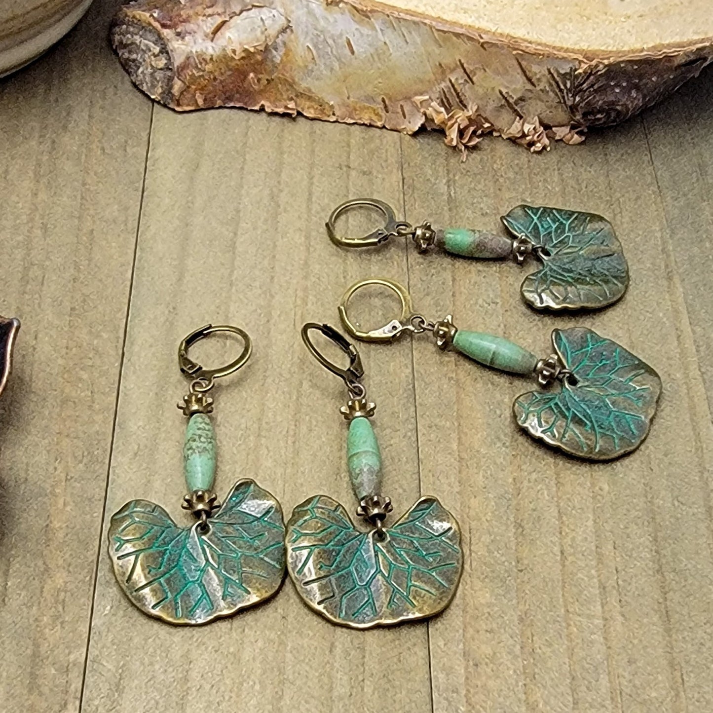 Green Verdigris Leaf Earrings- Antiqued Brass Dangles, Nicki Lynn Jewelry 