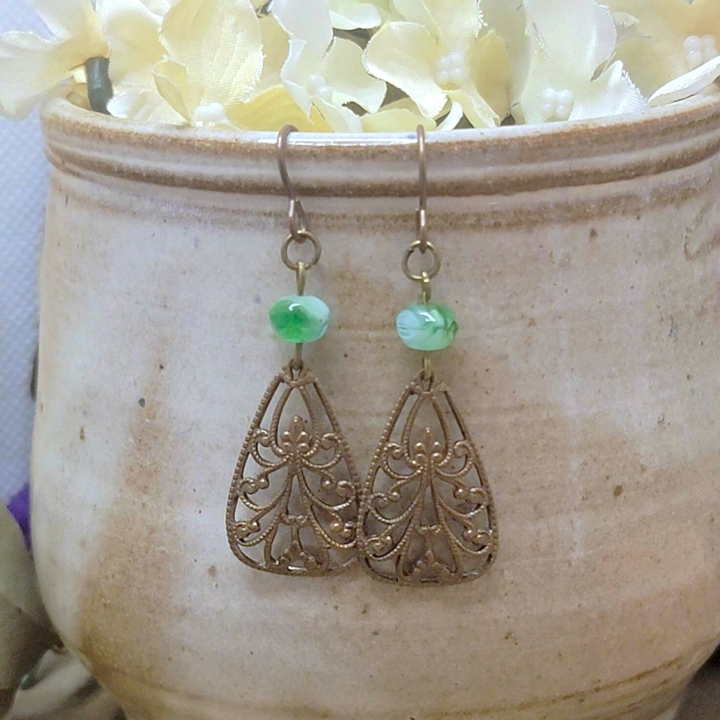 Green Brass Filigree Teardrop Dangle Earrings