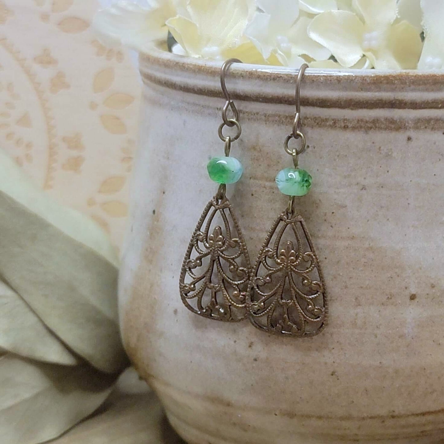 Green Brass Filigree Teardrop Dangle Earrings