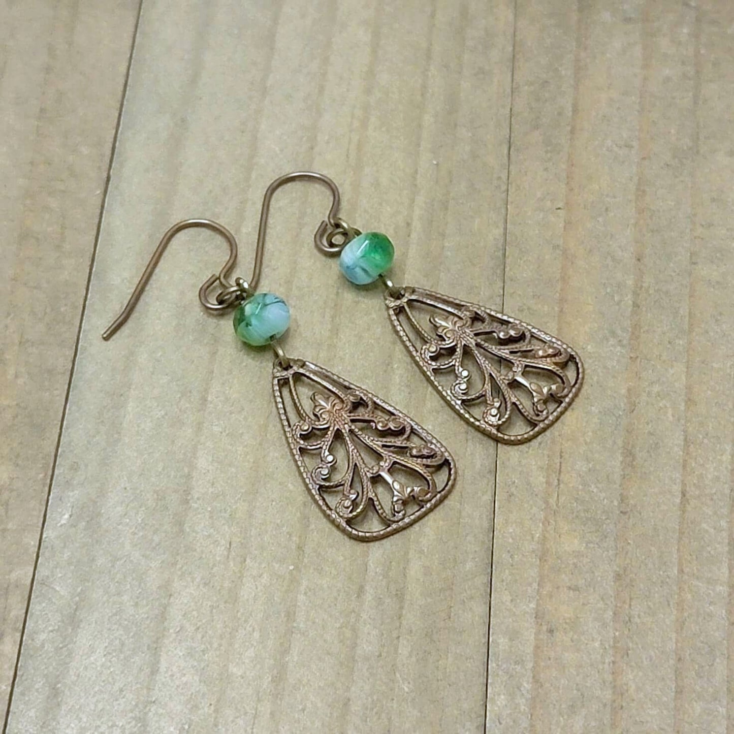 Green Brass Filigree Teardrop Dangle Earrings