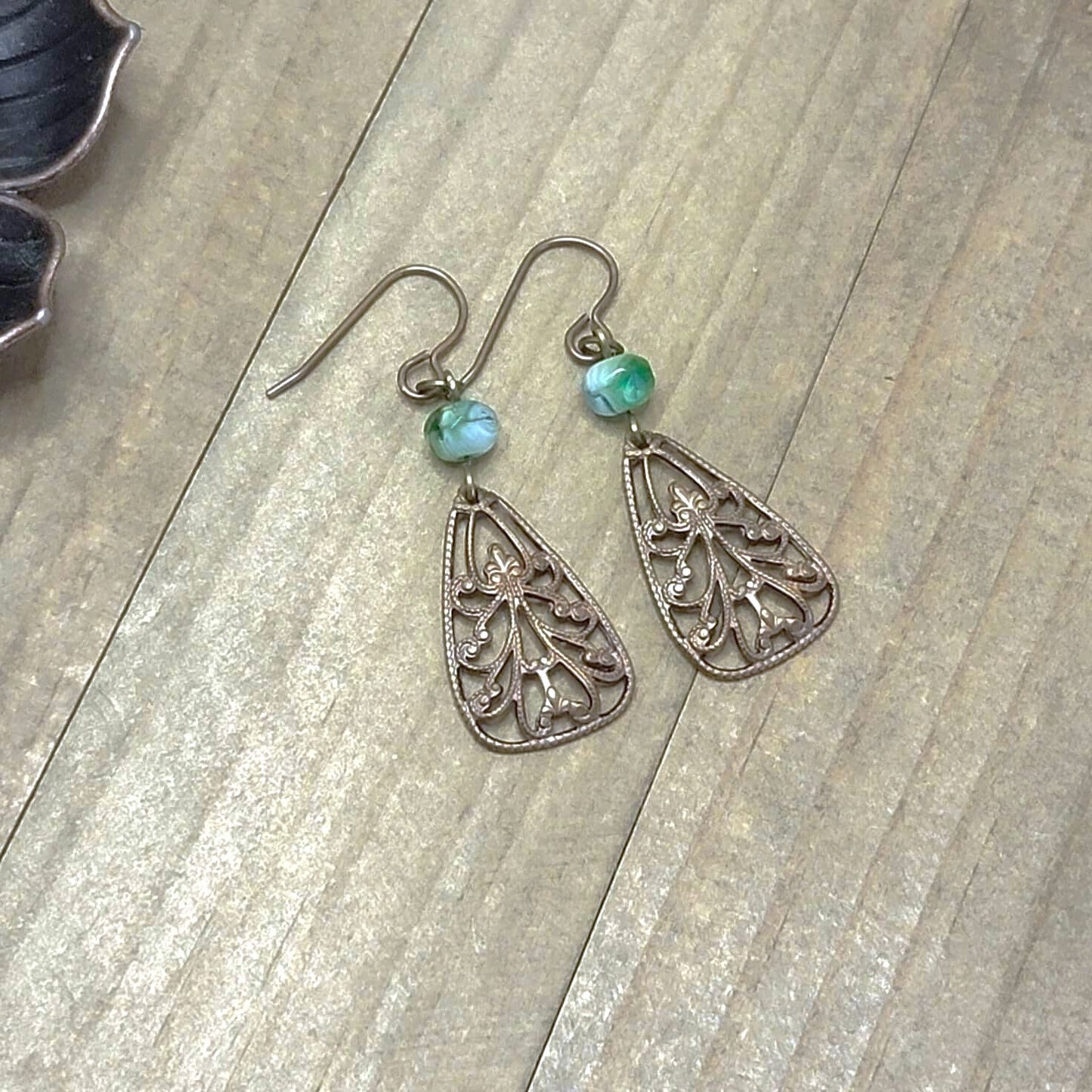 Green Brass Filigree Teardrop Dangle Earrings
