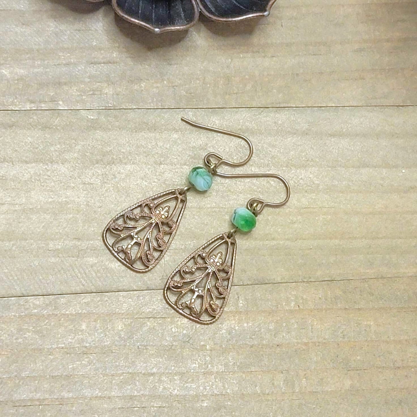 Green Brass Filigree Teardrop Dangle Earrings