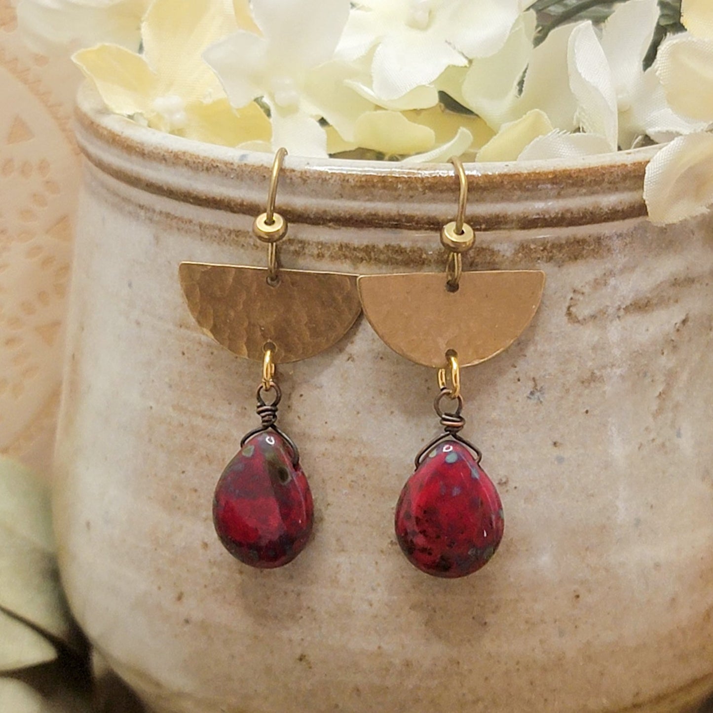 Gold Textured Half Moon Earrings with Red Picasso Czech Glass Teardrops, Nicki Lynn Jewelry