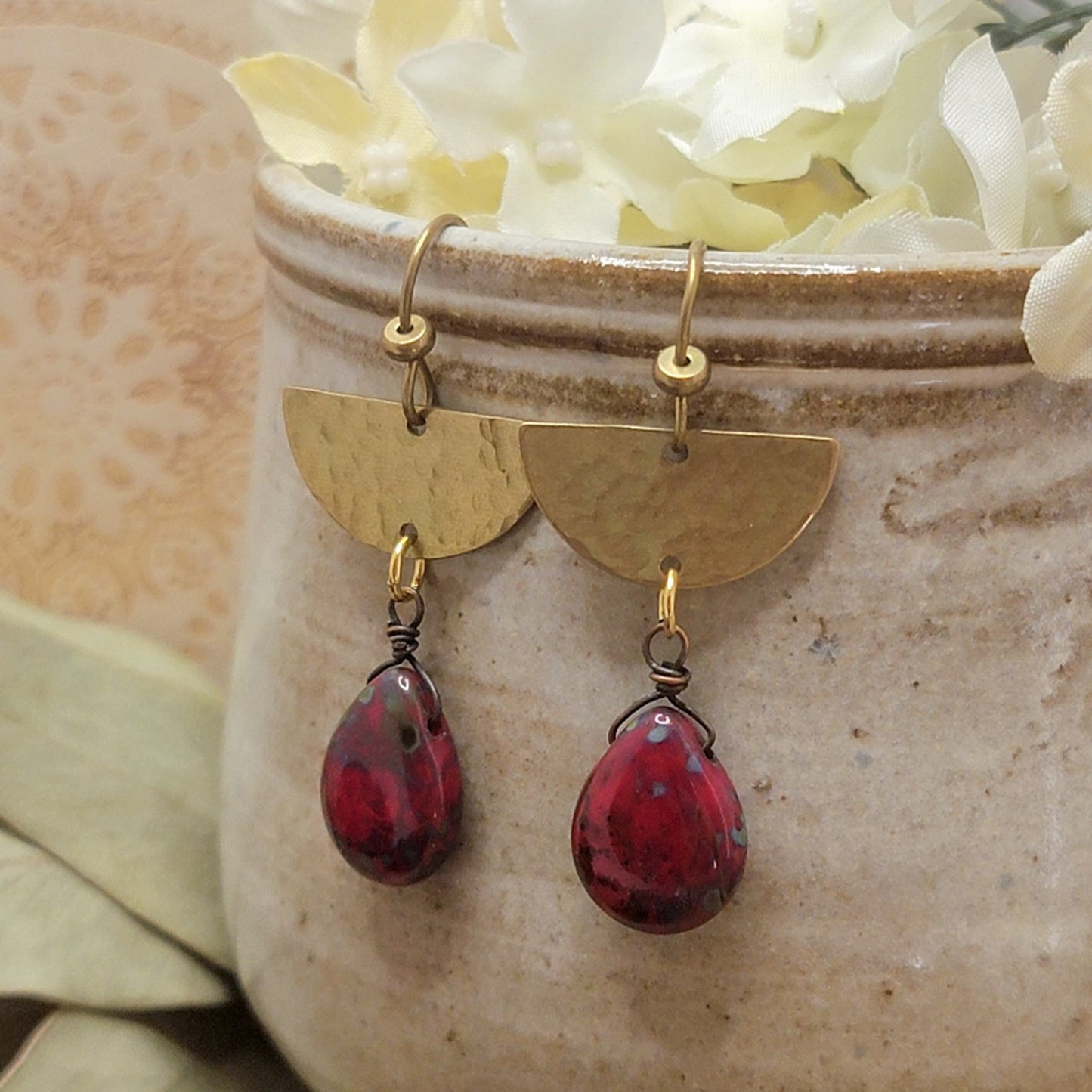 Gold Textured Half Moon Earrings with Red Picasso Czech Glass Teardrops, Nicki Lynn Jewelry