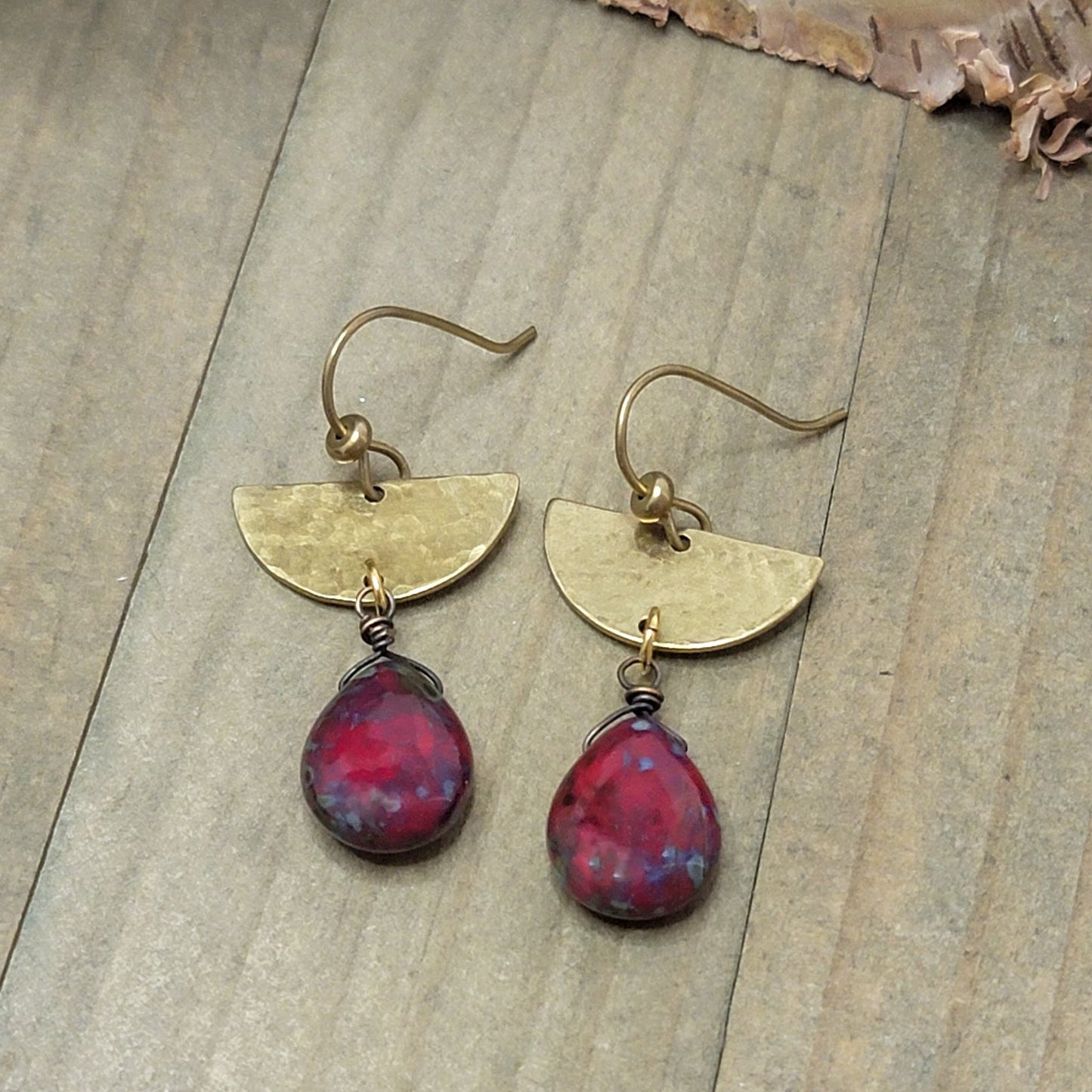 Gold Textured Half Moon Earrings with Red Picasso Czech Glass Teardrops, Nicki Lynn Jewelry