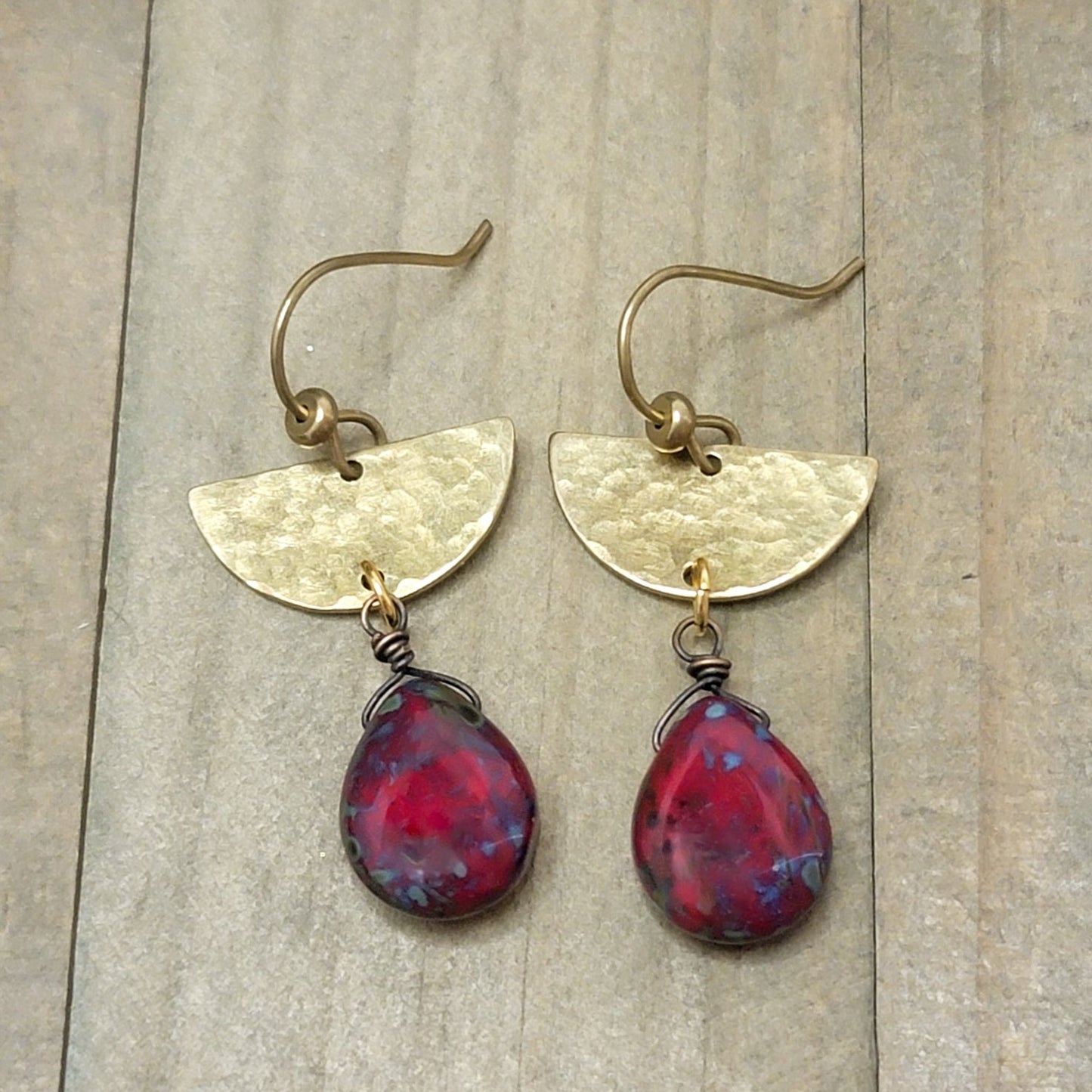 Gold Textured Half Moon Earrings with Red Picasso Czech Glass Teardrops, Nicki Lynn Jewelry