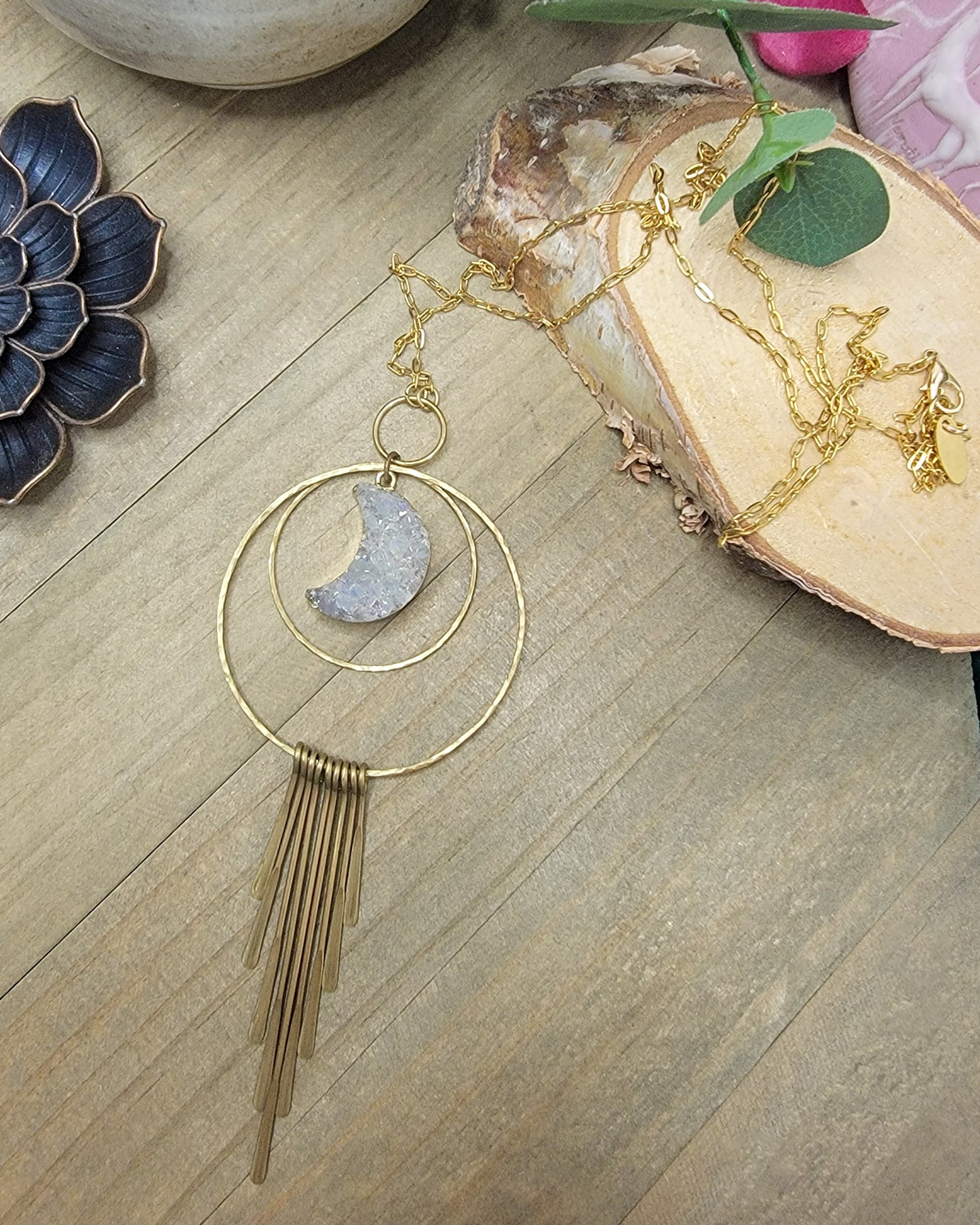 Long Quartz Druzy Crescent Moon Fringe Necklace, Nicki Lynn Jewelry 