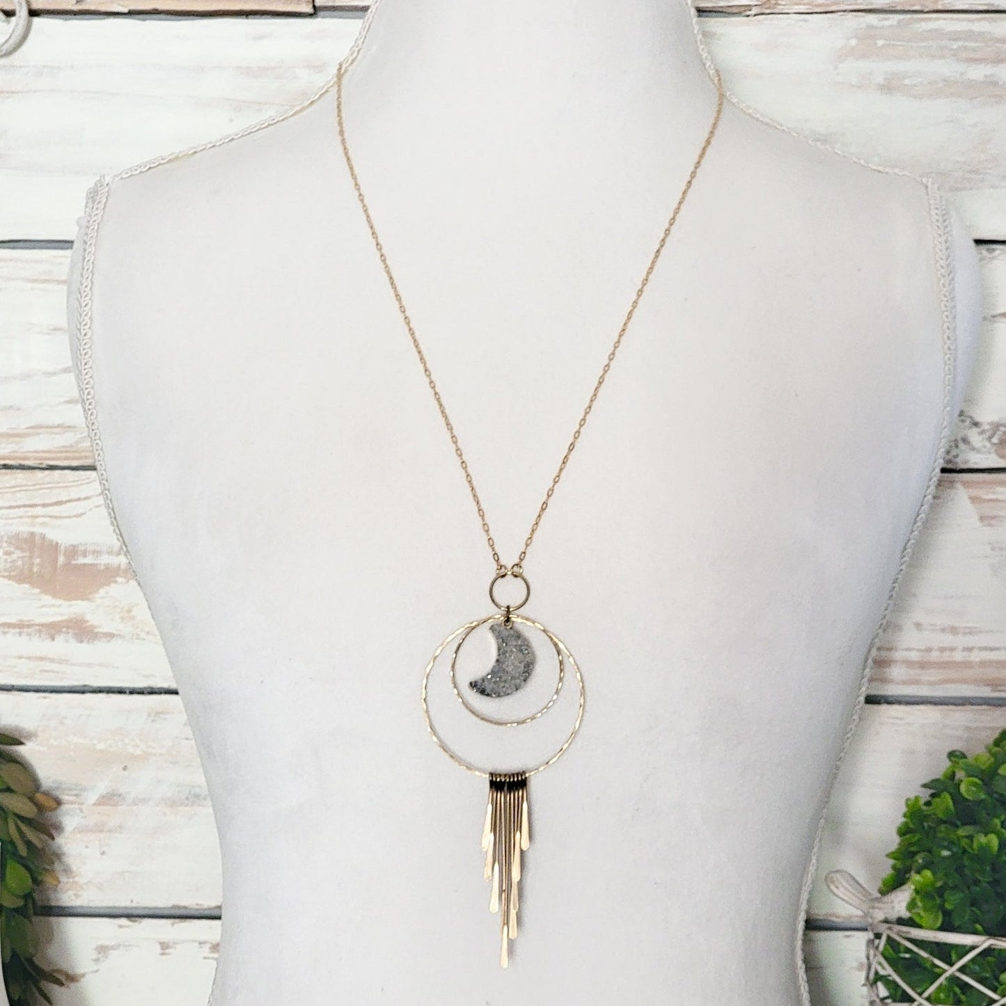 Long Quartz Druzy Crescent Moon Fringe Necklace, Nicki Lynn Jewelry 