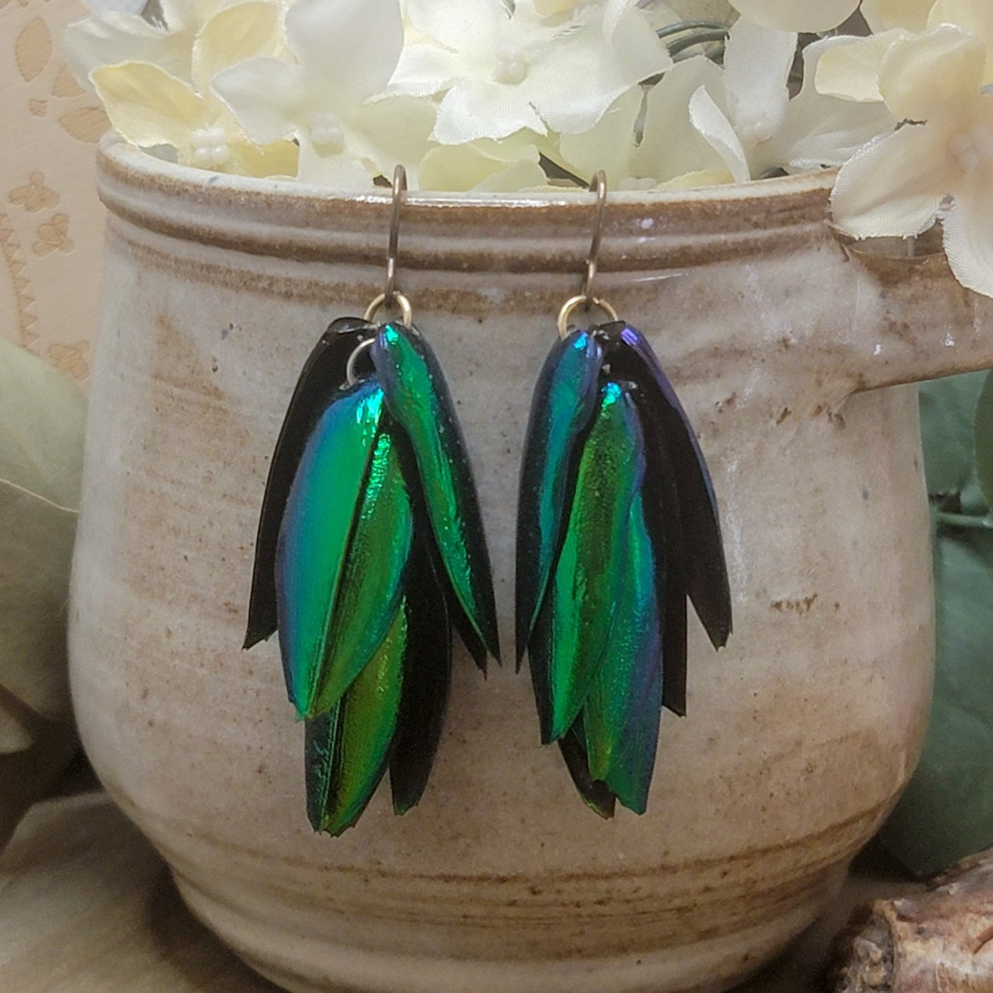 Green and Blue Jewel Beetle Wing Earrings, Nicki Lynn Jewelry
