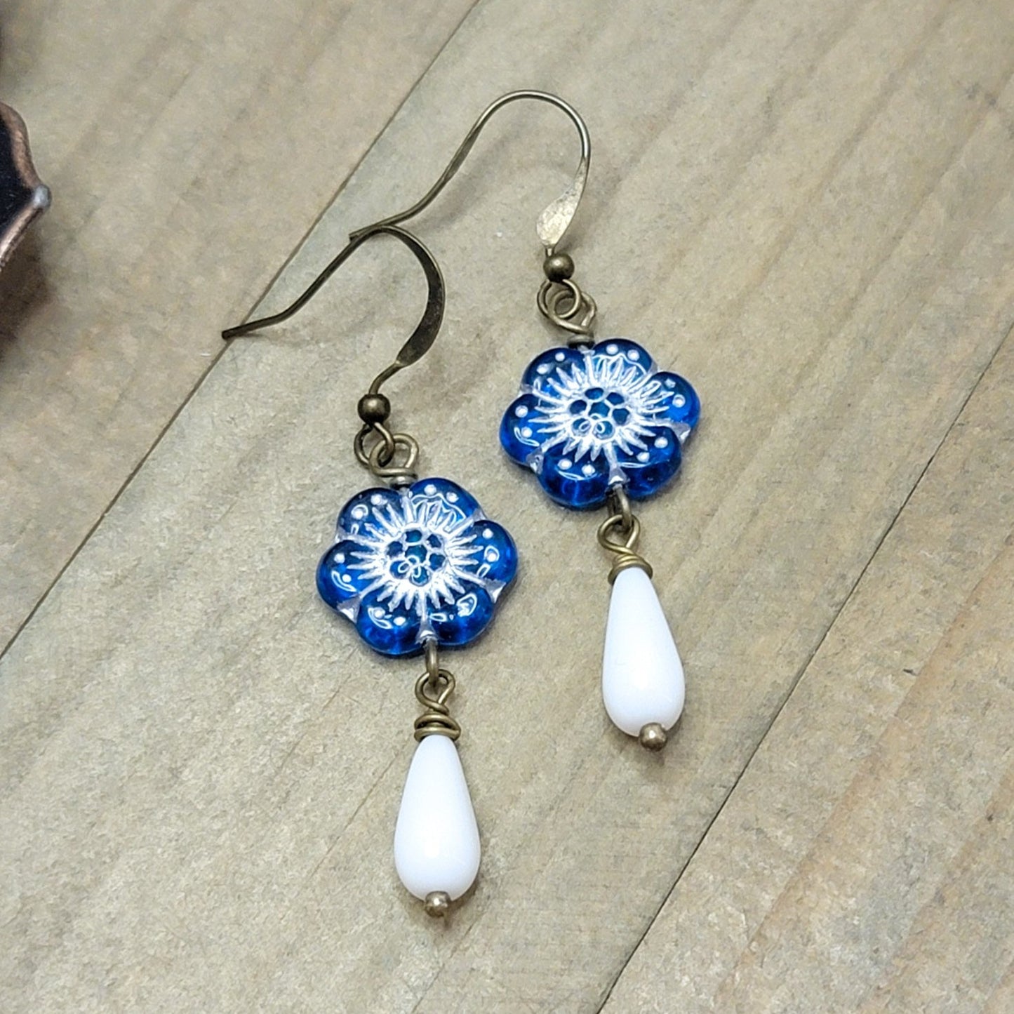 Blue and White Teardrop Flower Earrings, Nicki Lynn Jewelry
