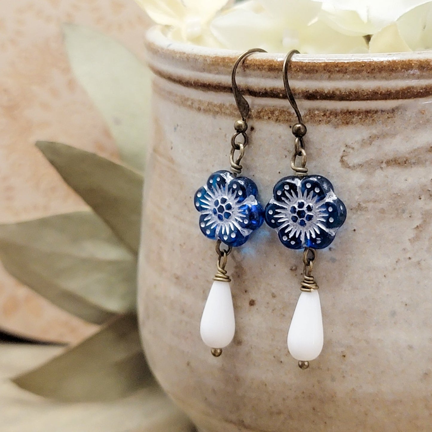 Blue and White Teardrop Flower Earrings, Nicki Lynn Jewelry