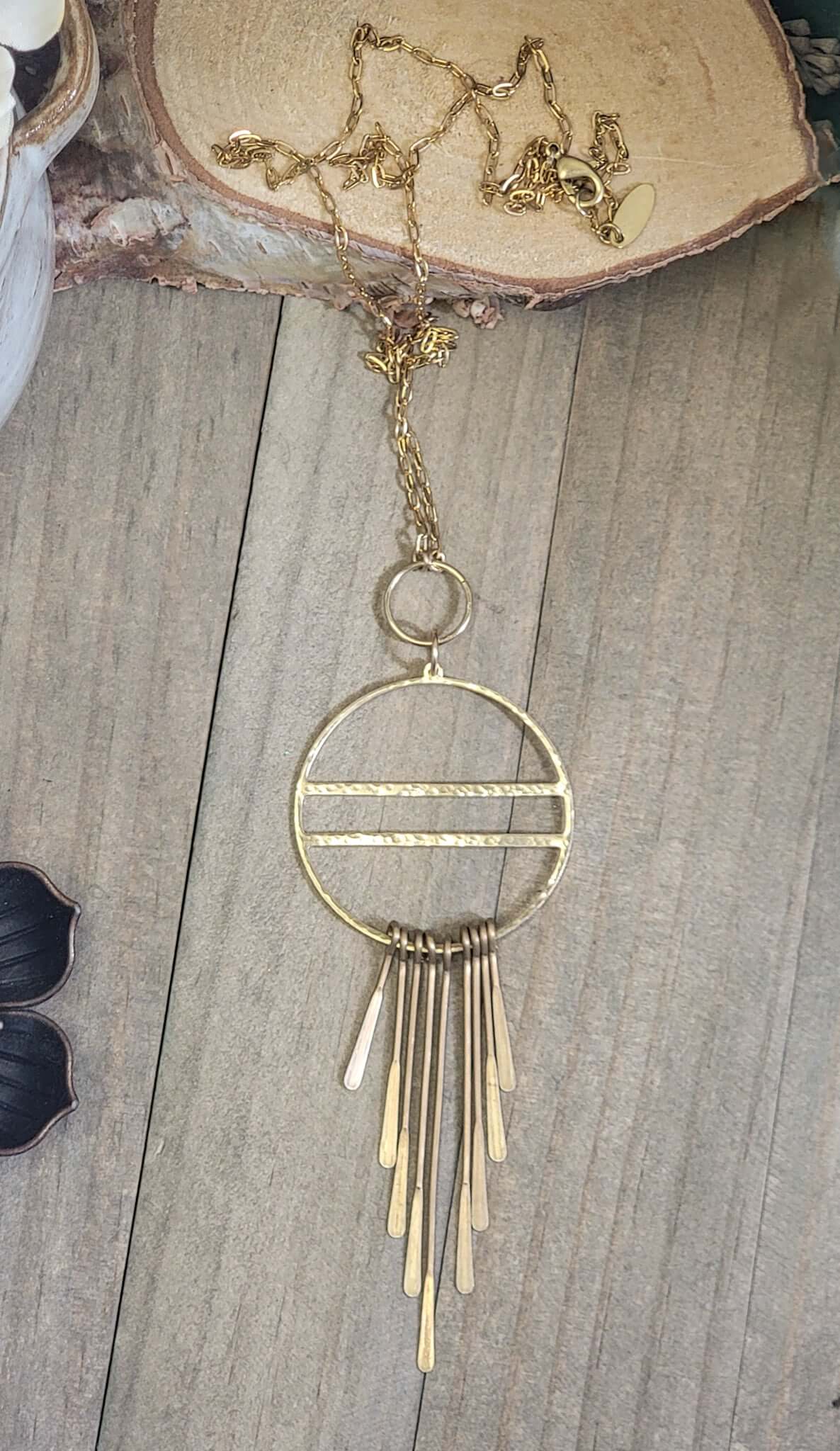 Long Gold Fringe Necklace-Hammered Brass, Nicki Lynn Jewelry