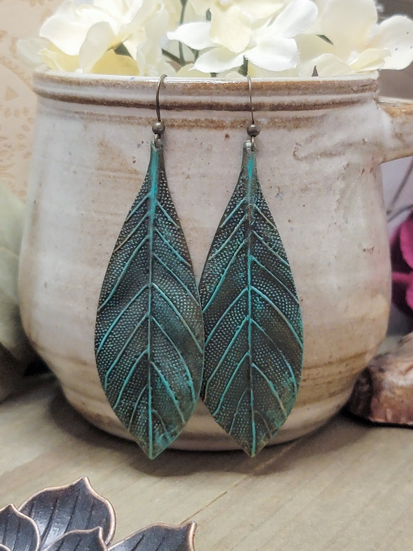 Boho Lightweight Statement Leaf Earrings with Patina, Nicki Lynn Jewelry