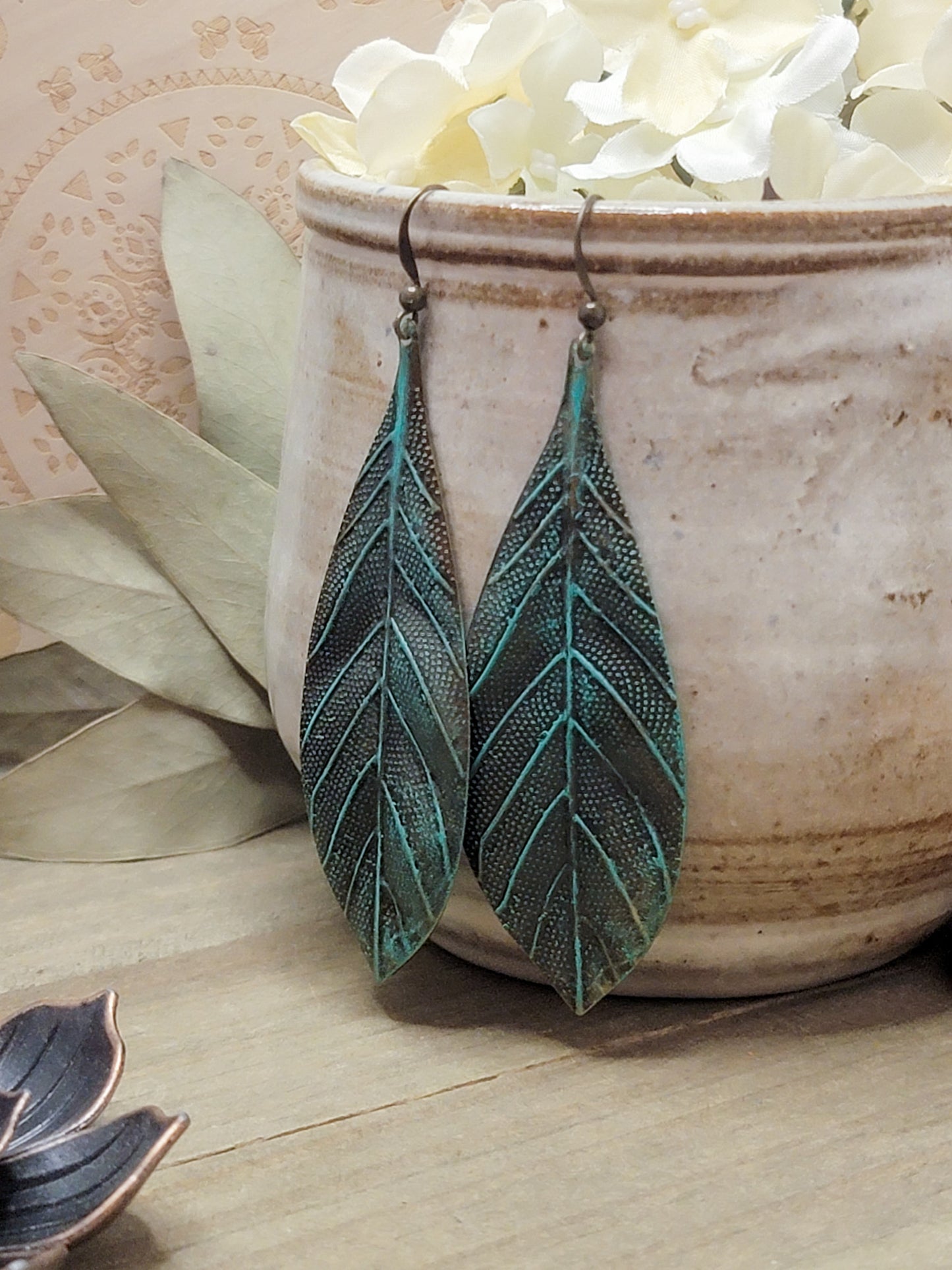 Boho Lightweight Statement Leaf Earrings with Patina, Nicki Lynn Jewelry