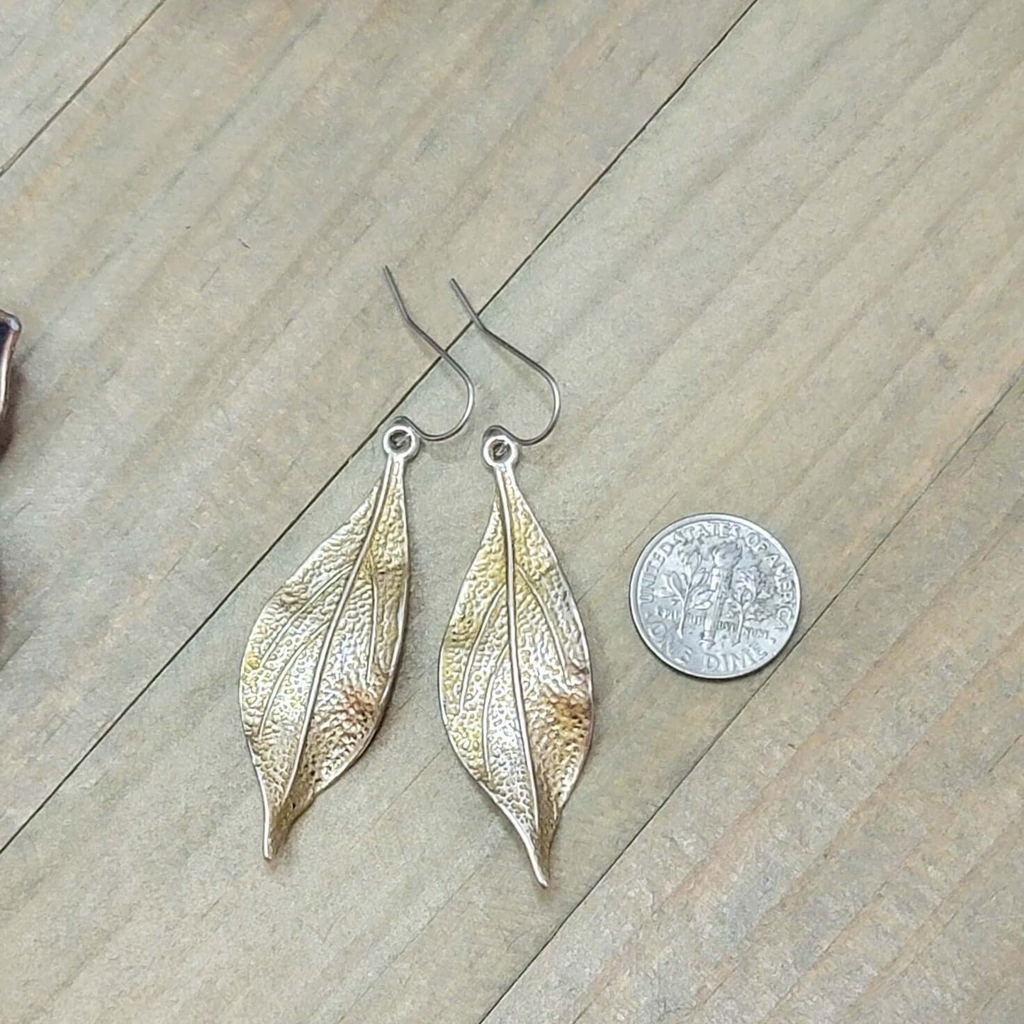 Silver and Gold Wavy Leaf Dangle Earrings- Hypoallergenic, Nicki Lynn Jewelry