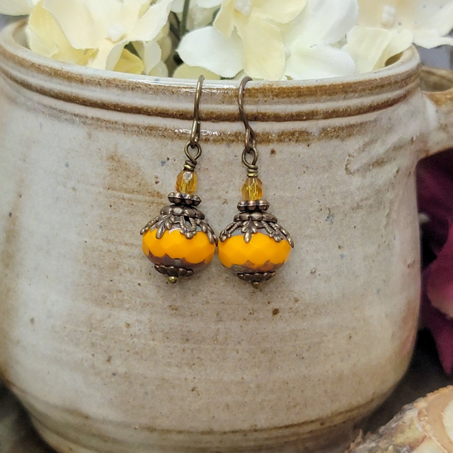 Orange Artisan Czech Glass Rondelle Earrings with Antiqued Brass, Nicki Lynn Jewelry