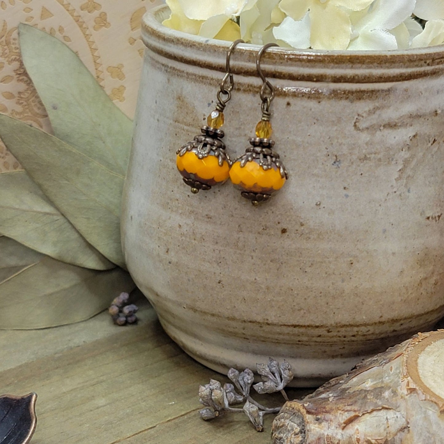 Orange Artisan Czech Glass Rondelle Earrings with Antiqued Brass, Nicki Lynn Jewelry