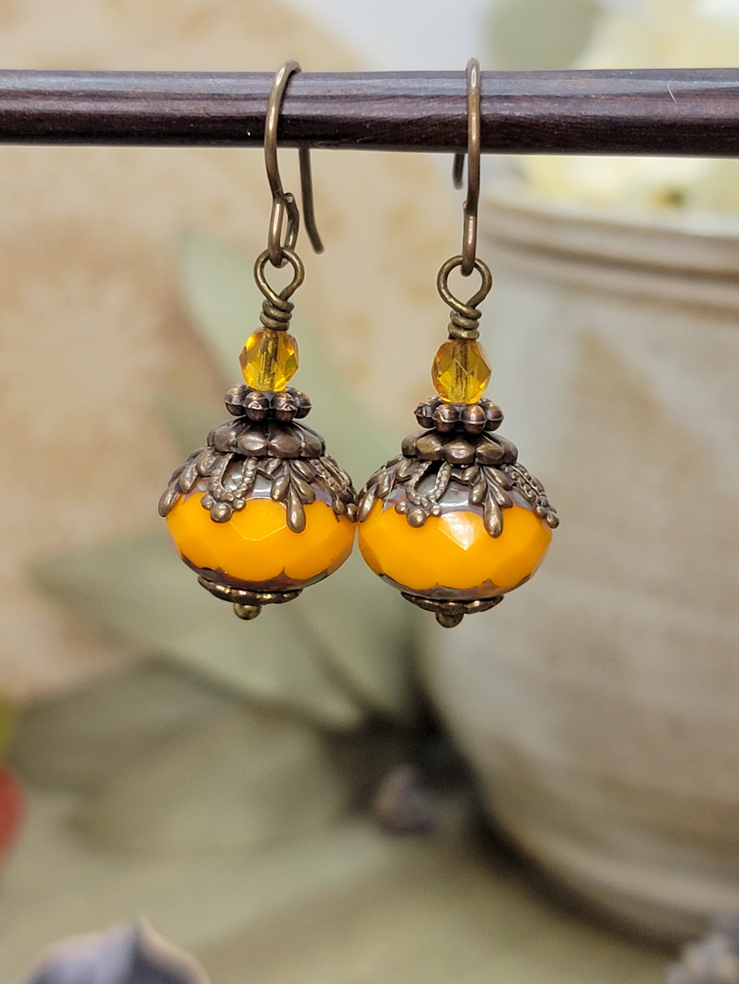 Orange Artisan Czech Glass Rondelle Earrings with Antiqued Brass, Nicki Lynn Jewelry