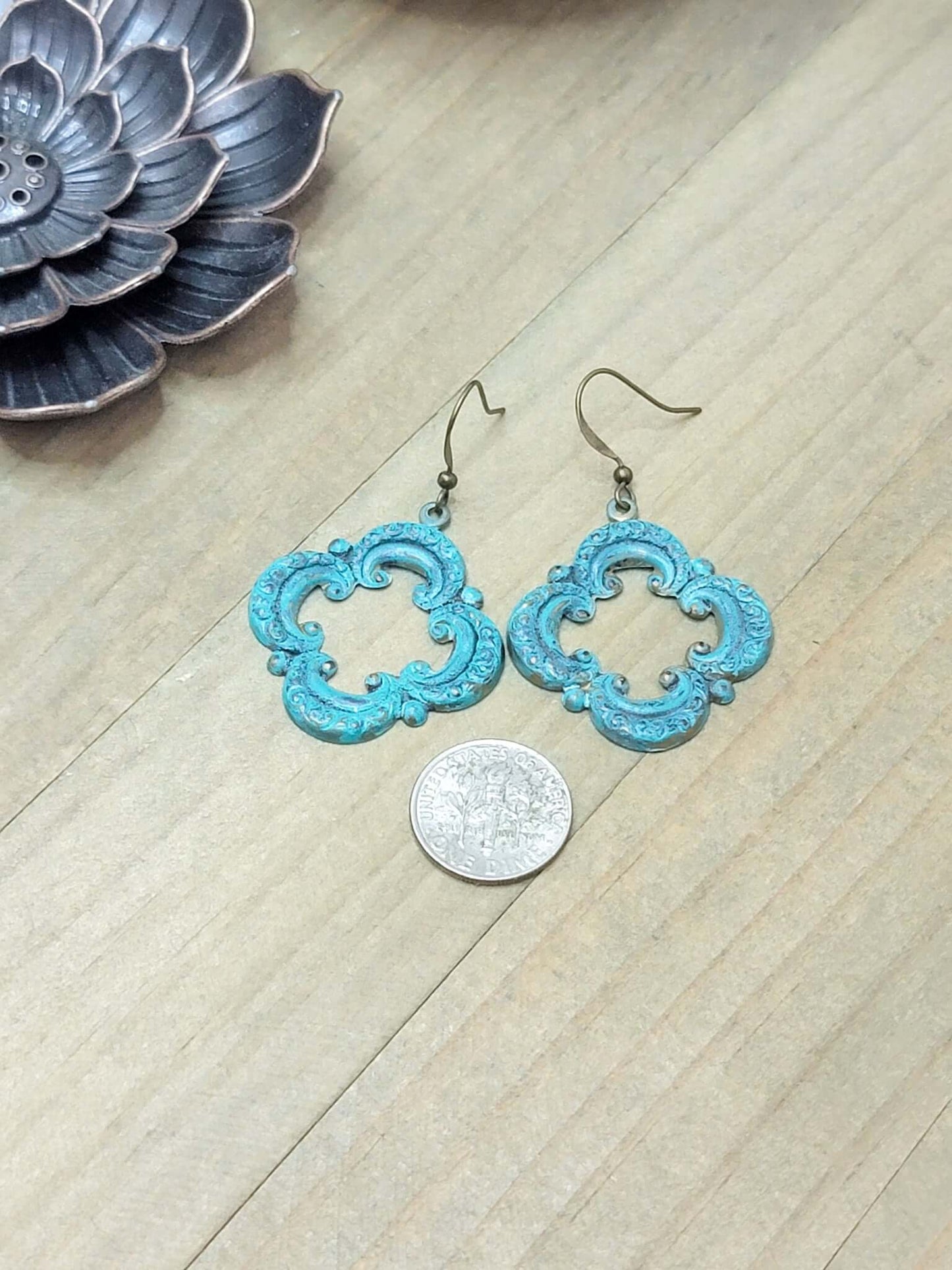 Nicki Lynn Jewelry Rustic Clover Moroccan Patina Earrings Nicki Lynn Jewelry CLEARANCE:N COLOR_Patina FLOORSET:2019 DEC MAT:Brass P:10-2020 PRICE_$10 - $25 PRICE_$25 - $50 STYLE:Rustic