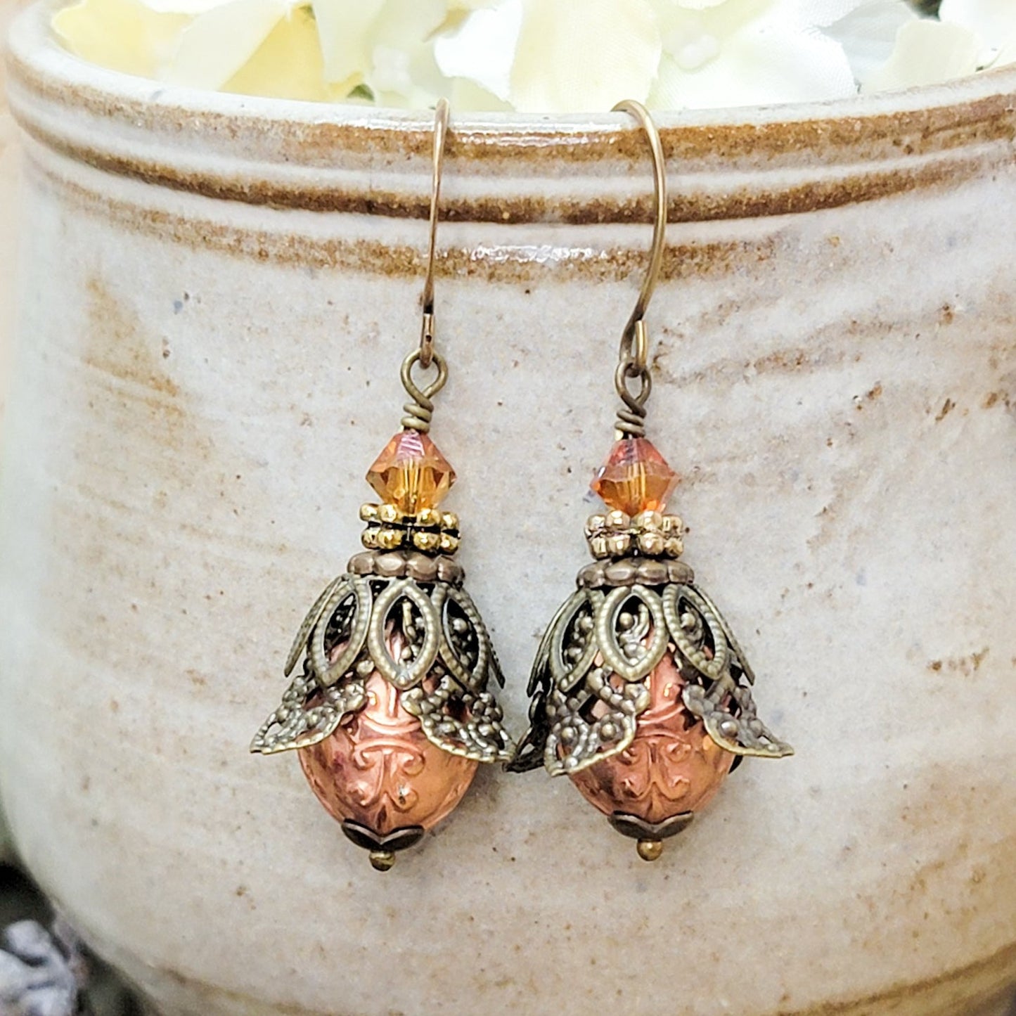 Brass Filigree Floral Drop Earrings with Crystals, Nicki Lynn Jewelry