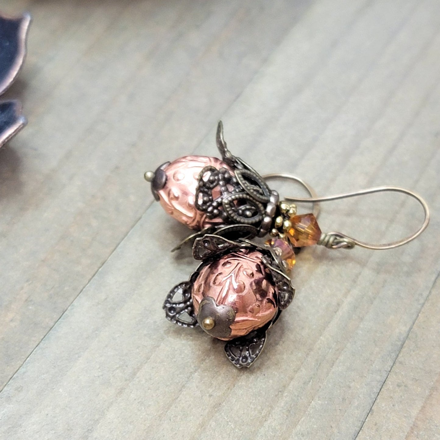 Brass Filigree Floral Drop Earrings with Crystals, Nicki Lynn Jewelry