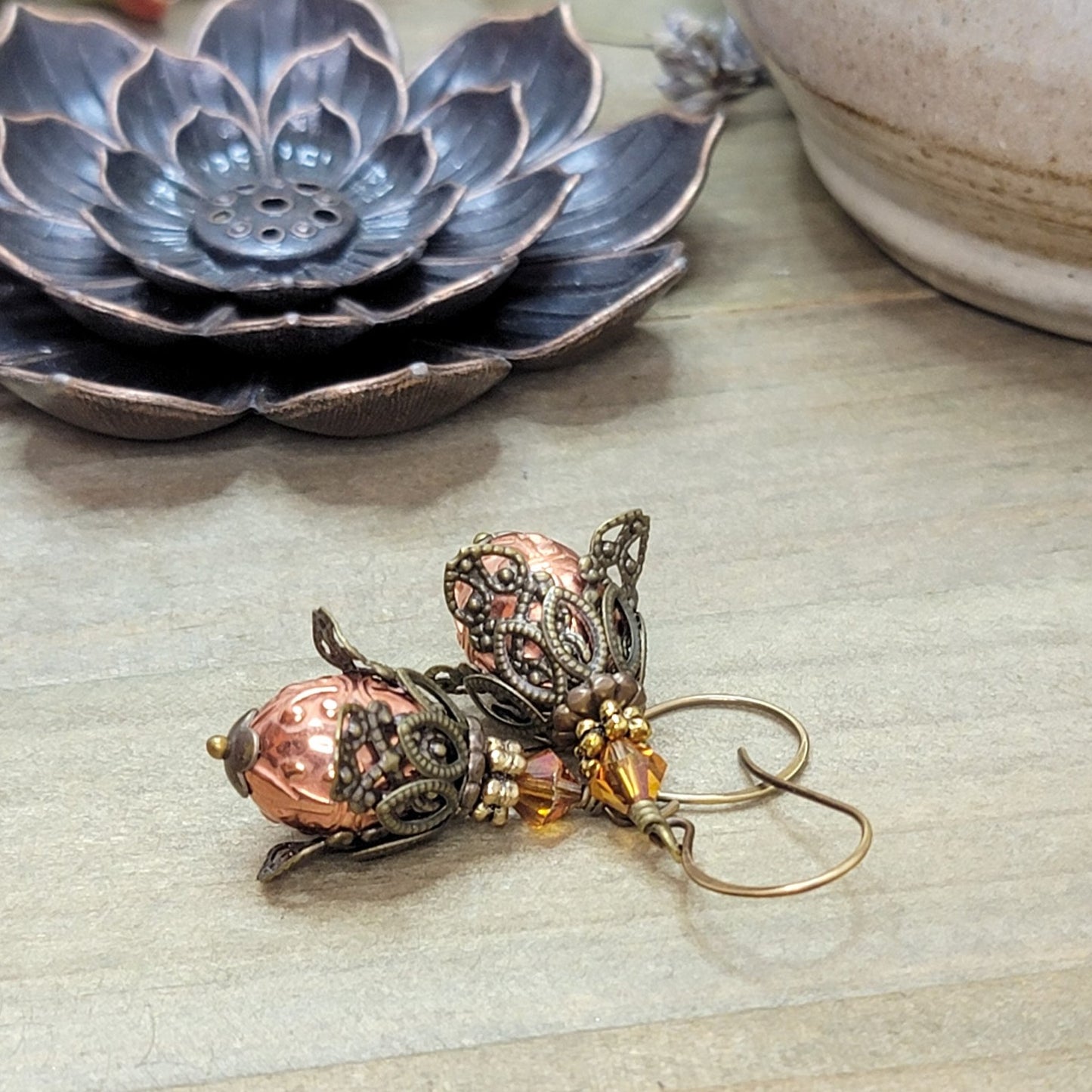 Brass Filigree Floral Drop Earrings with Crystals, Nicki Lynn Jewelry