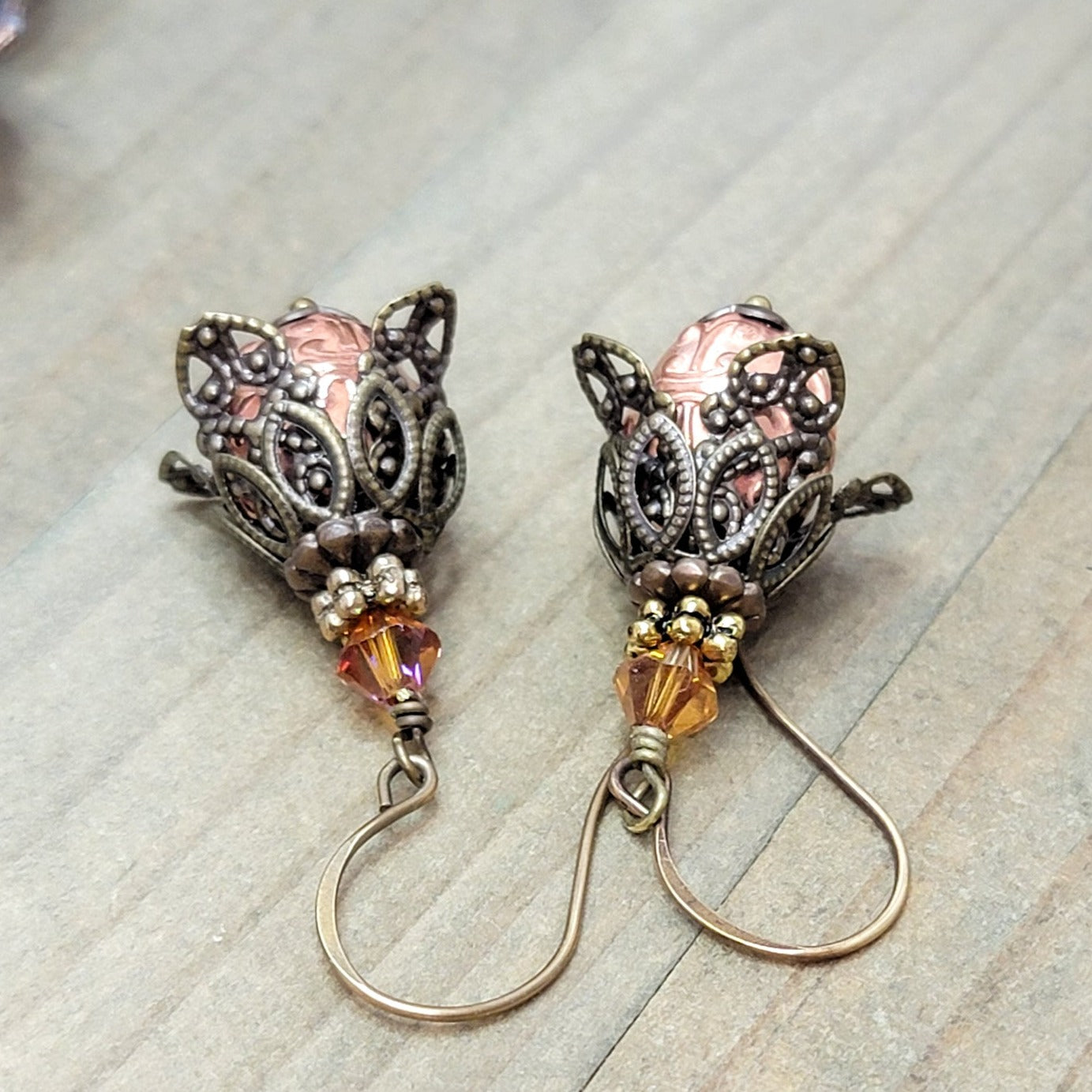 Brass Filigree Floral Drop Earrings with Crystals, Nicki Lynn Jewelry