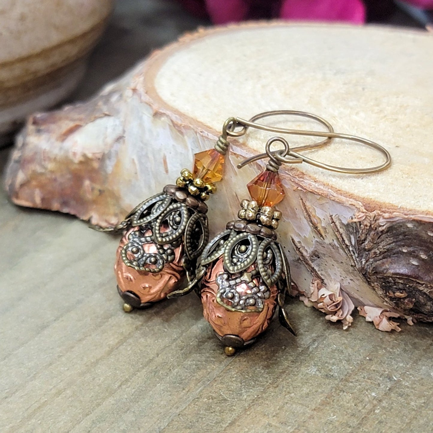 Brass Filigree Floral Drop Earrings with Crystals, Nicki Lynn Jewelry