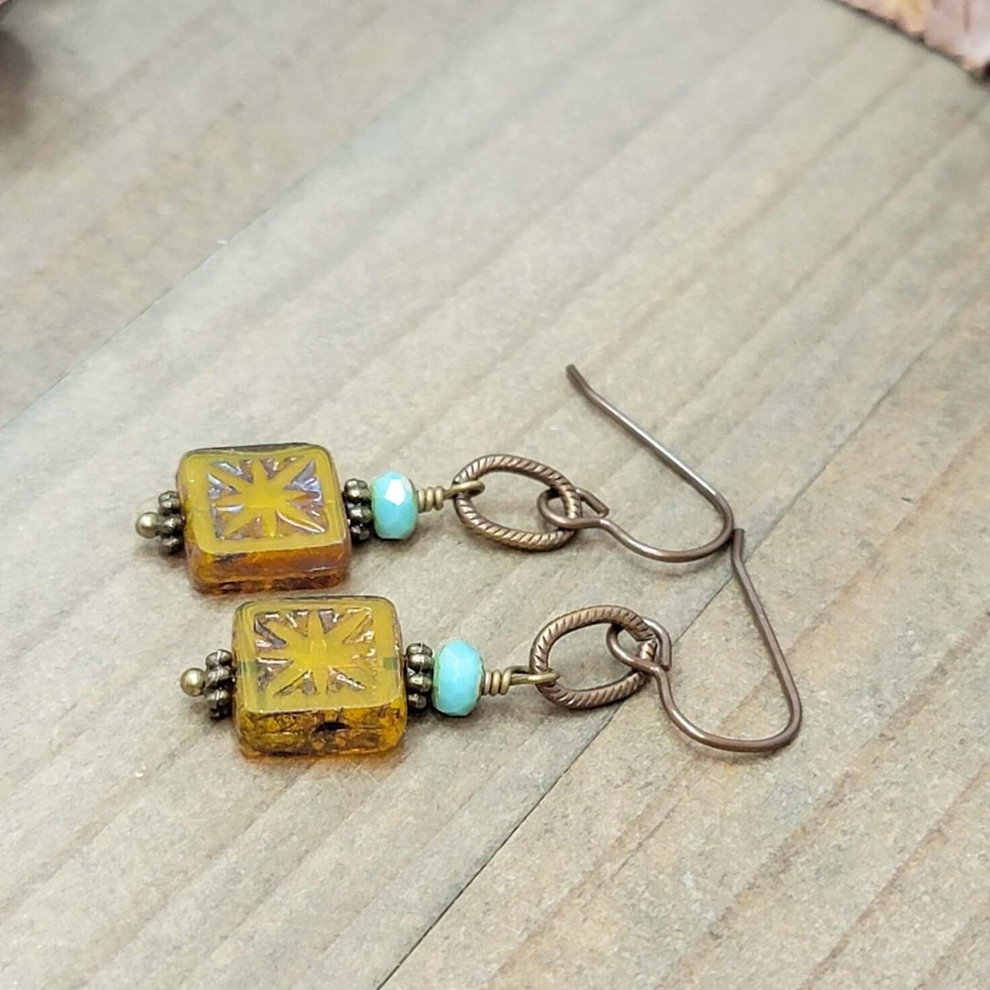 Rustic Bronze, Mustard Yellow & Turquoise Czech Glass Bead Earrings, Nicki Lynn Jewelry