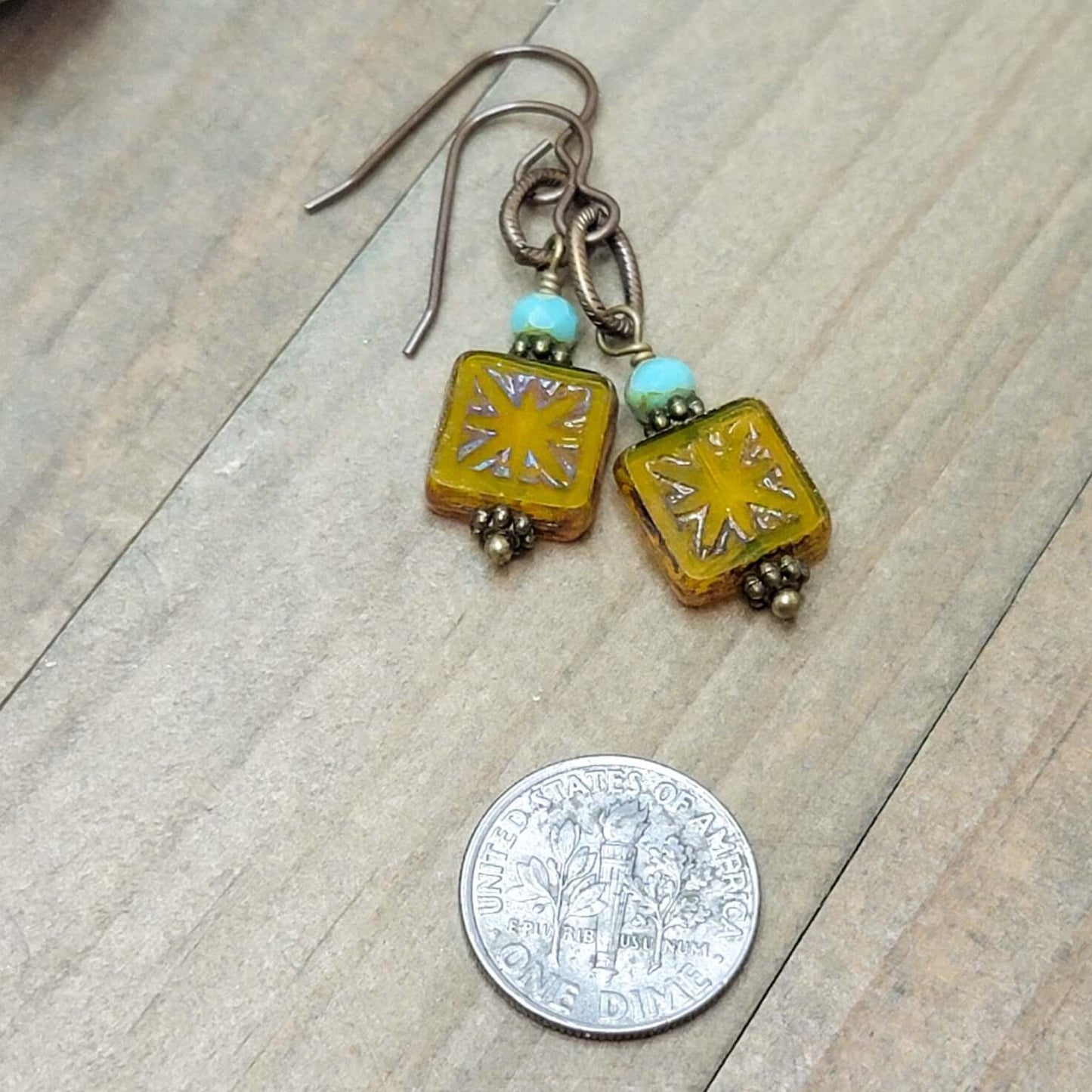 Rustic Bronze, Mustard Yellow & Turquoise Czech Glass Bead Earrings, Nicki Lynn Jewelry