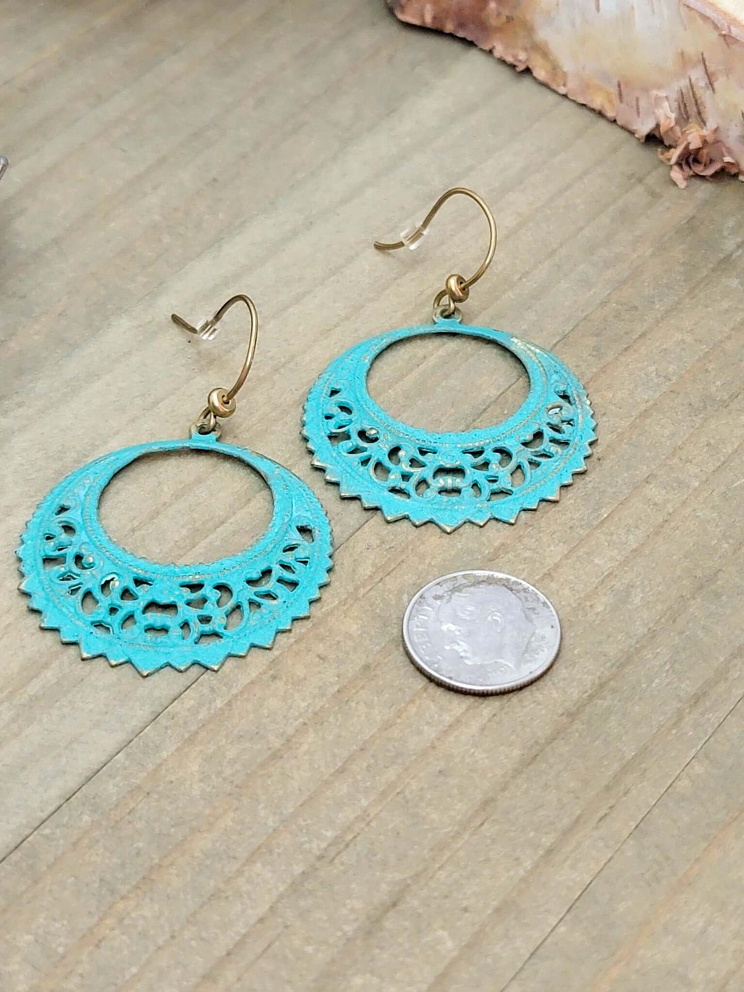 Patina Verdigris Vintage Style Filigree Hoop Earrings, Nicki Lynn Jewelry