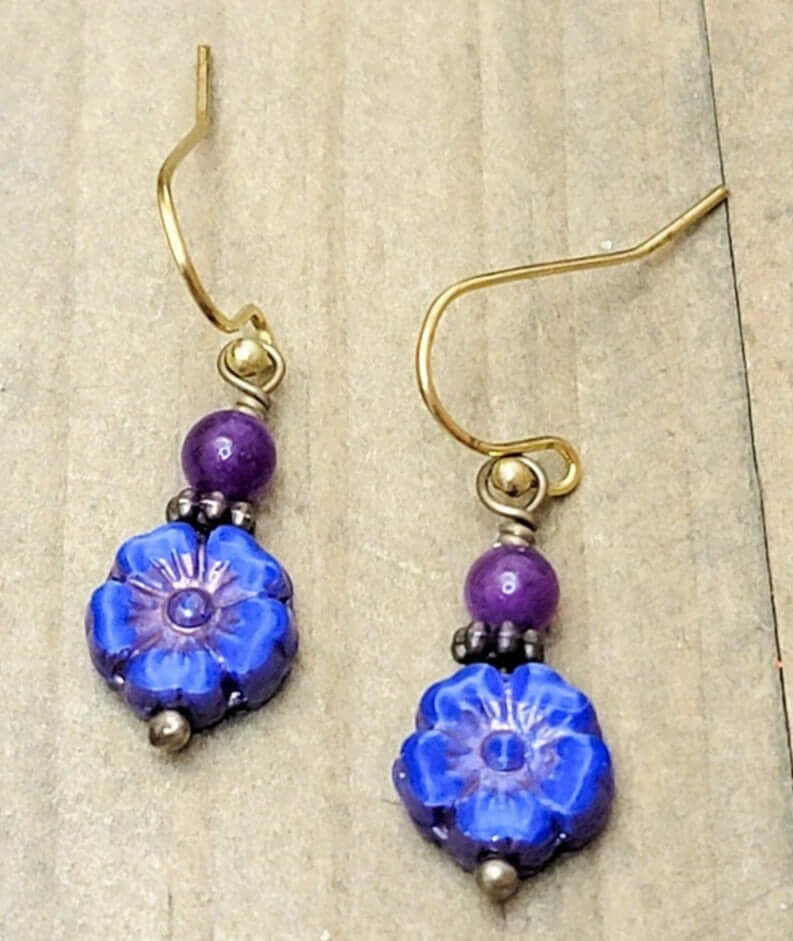 Czech Glass Flower Earrings-Pansy Blue and Purple, Nicki Lynn Jewelry