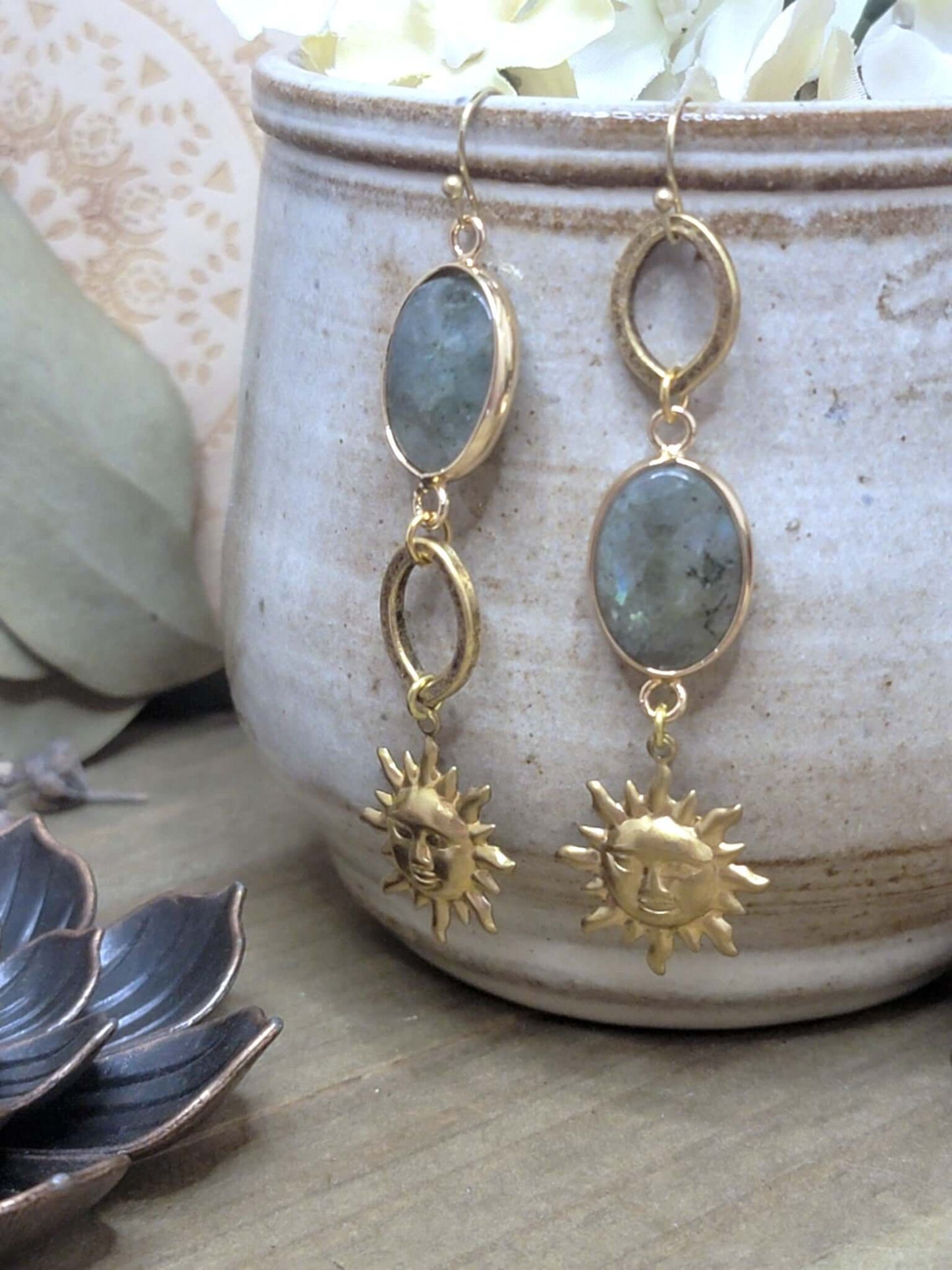 Labradorite and Gold Celestial Drop Earrings, Nicki Lynn Jewelry