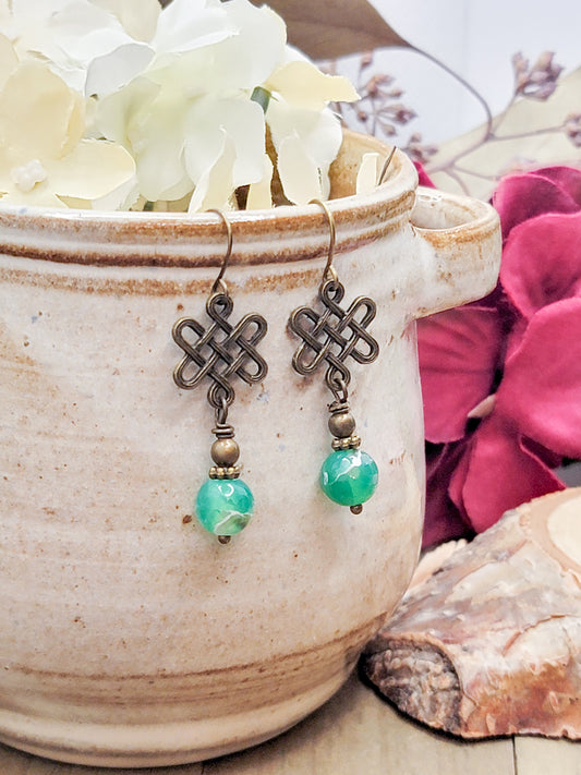 Celtic Knot-  Green Agate Dangle Earrings, Nicki Lynn Jewelry