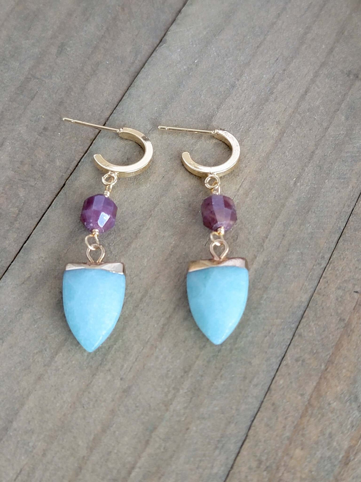 Amazonite and Tourmaline, Gold Huggie Earrings, Nicki Lynn Jewelry