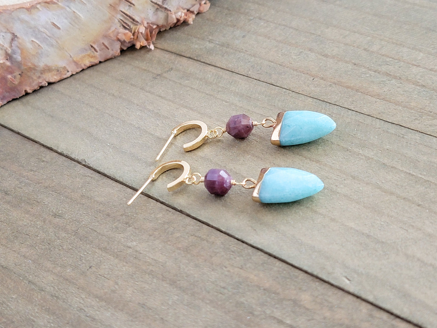 Amazonite and Tourmaline, Gold Huggie Earrings, Nicki Lynn Jewelry