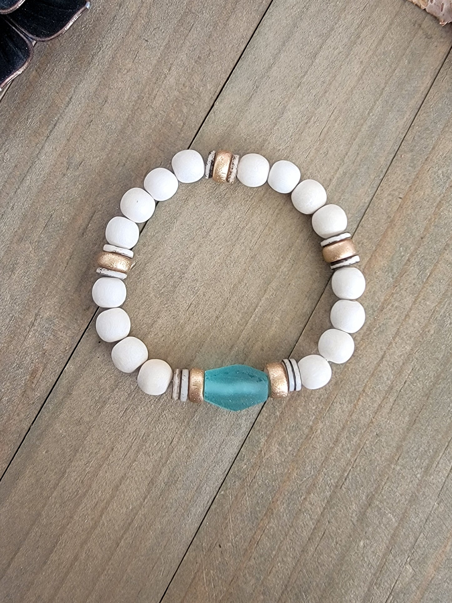 Wood Bead Bracelet-Gold, Cream, Marine Blue Stacker - Nicki Lynn Jewelry