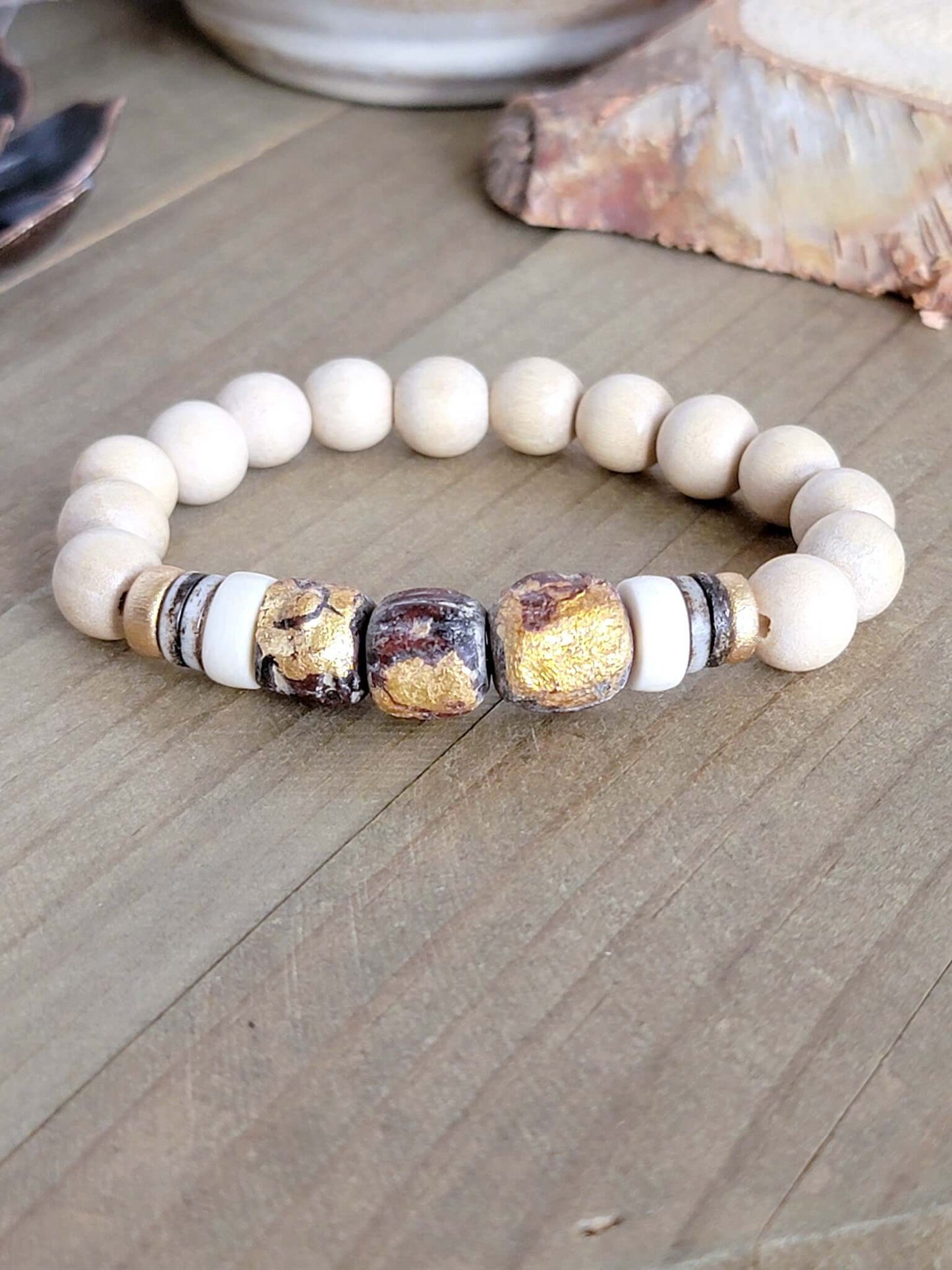 Chunky Statement Wood and Bone Bead Bracelet - Nicki Lynn Jewelry